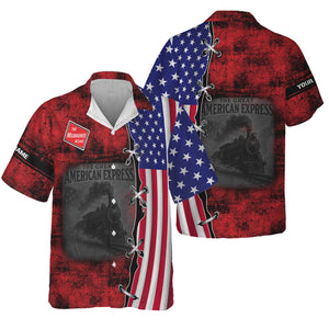 Railspirit Personalized Chicago, Milwaukee, St. Paul and Pacific Railroad Hawaiian Shirt Retro American Express Train USA Flag Milwaukee Road Shirt