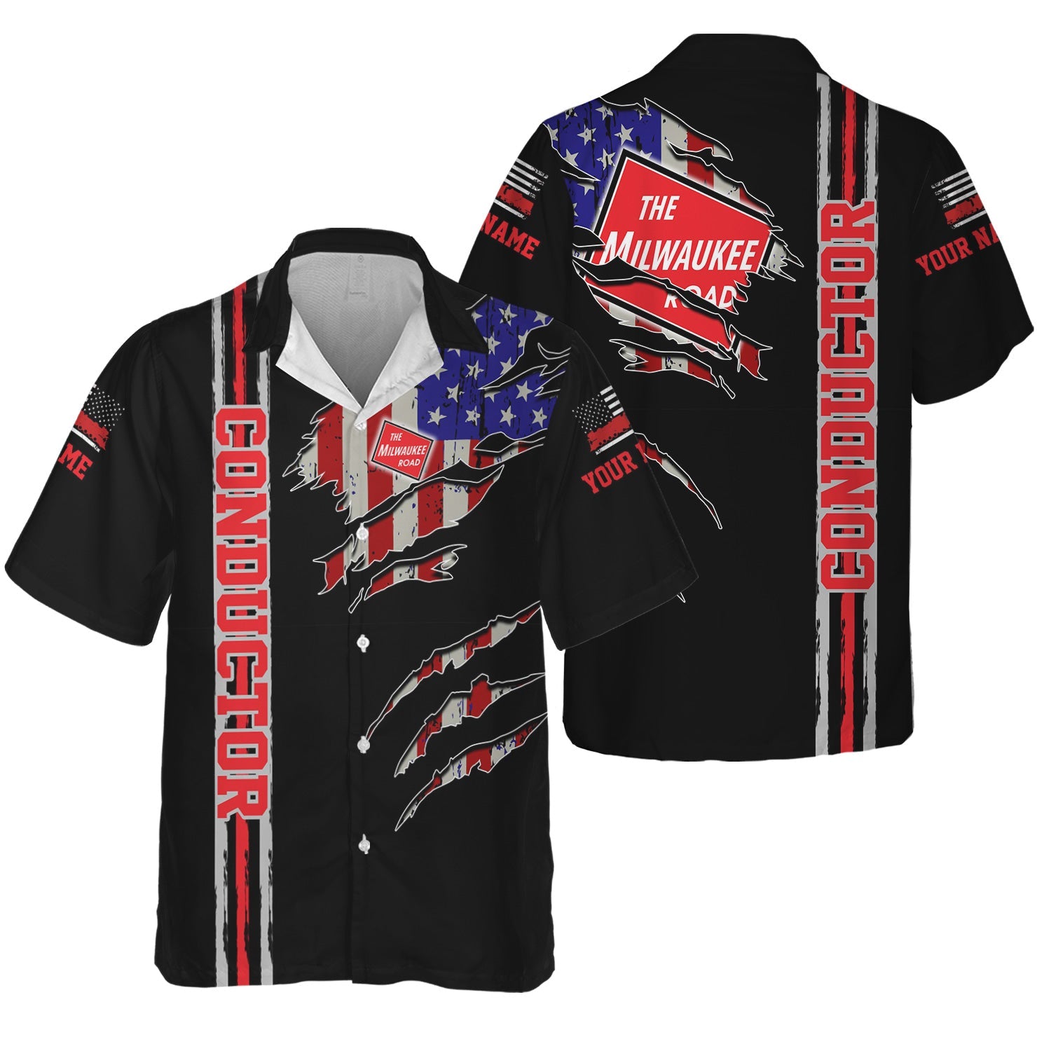 Railspirit Personalized Chicago, Milwaukee, St. Paul and Pacific Railroad Hawaiian Shirt USA Flag Claw Art with Custom Job Milwaukee Road Train Shirt