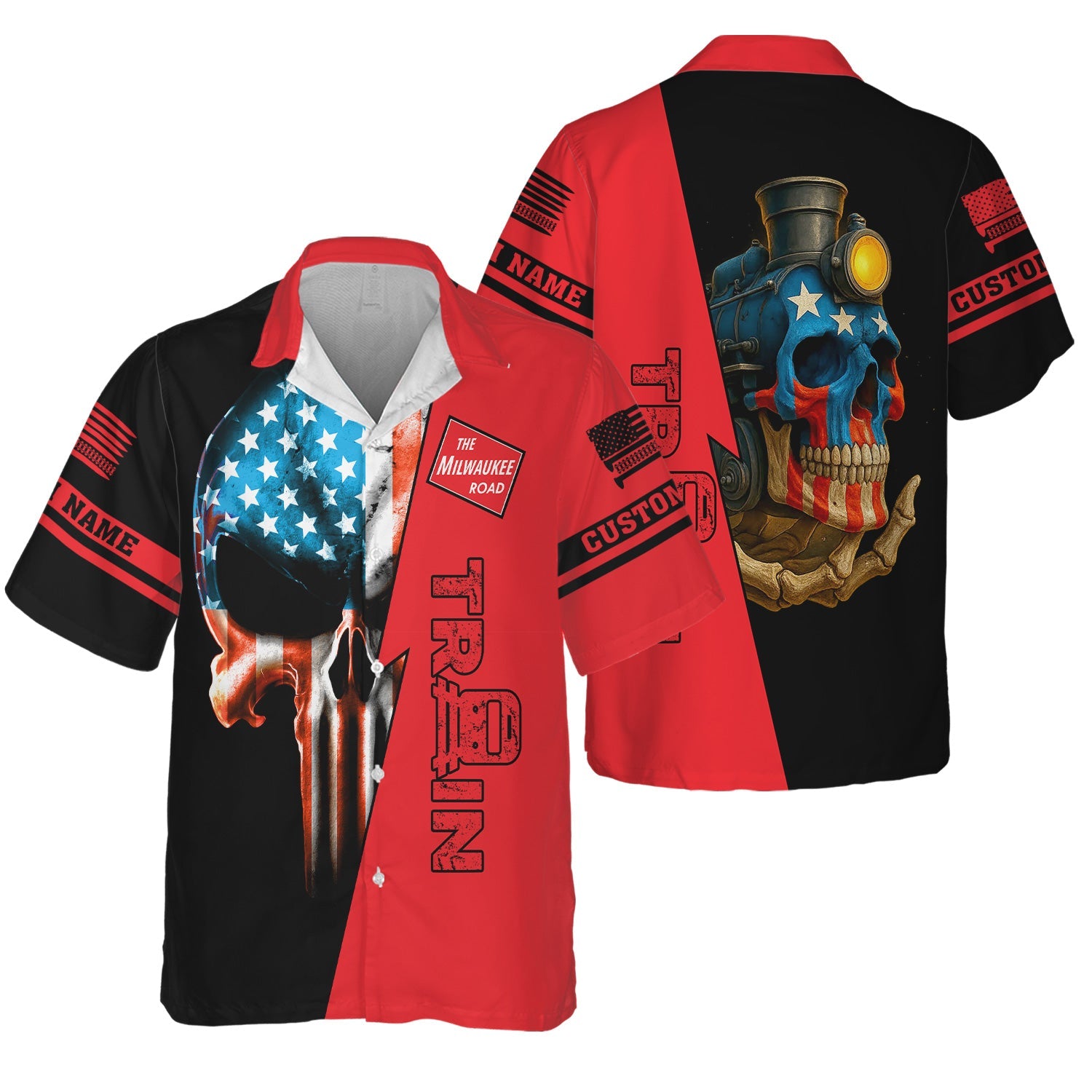 Railspirit Personalized Chicago, Milwaukee, St. Paul and Pacific Railroad Hawaiian Shirt Train Skull American Flag Milwaukee Road Shirt