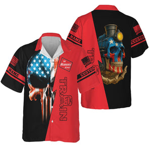 Railspirit Personalized Chicago, Milwaukee, St. Paul and Pacific Railroad Hawaiian Shirt Train Skull American Flag Milwaukee Road Shirt