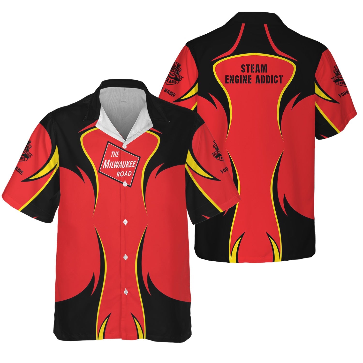 Railspirit Personalized Chicago, Milwaukee, St. Paul and Pacific Railroad Hawaiian Shirt Flame Style Milwaukee Road Shirt For Steam Engine Addict
