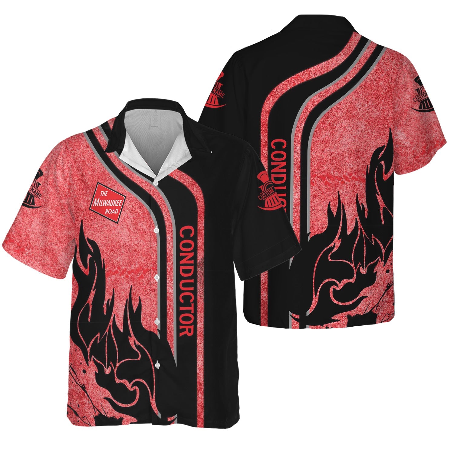 Railspirit Personalized Chicago, Milwaukee, St. Paul and Pacific Railroad Hawaiian Shirt Flame Design Custom Job Position Milwaukee Road Train Shirt