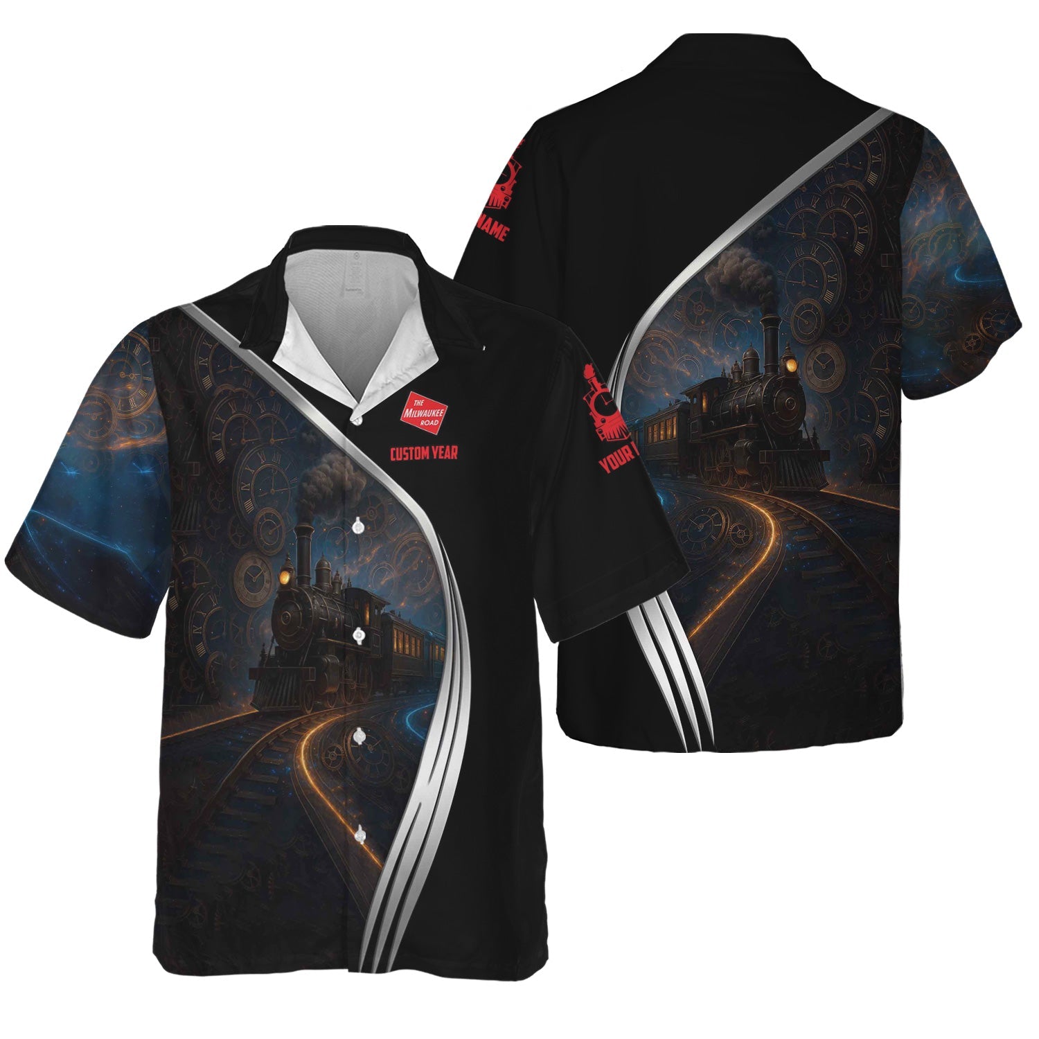 Railspirit Personalized Chicago, Milwaukee, St. Paul and Pacific Railroad Hawaiian Shirt Steampunk with Custom Year Milwaukee Road Train Shirt