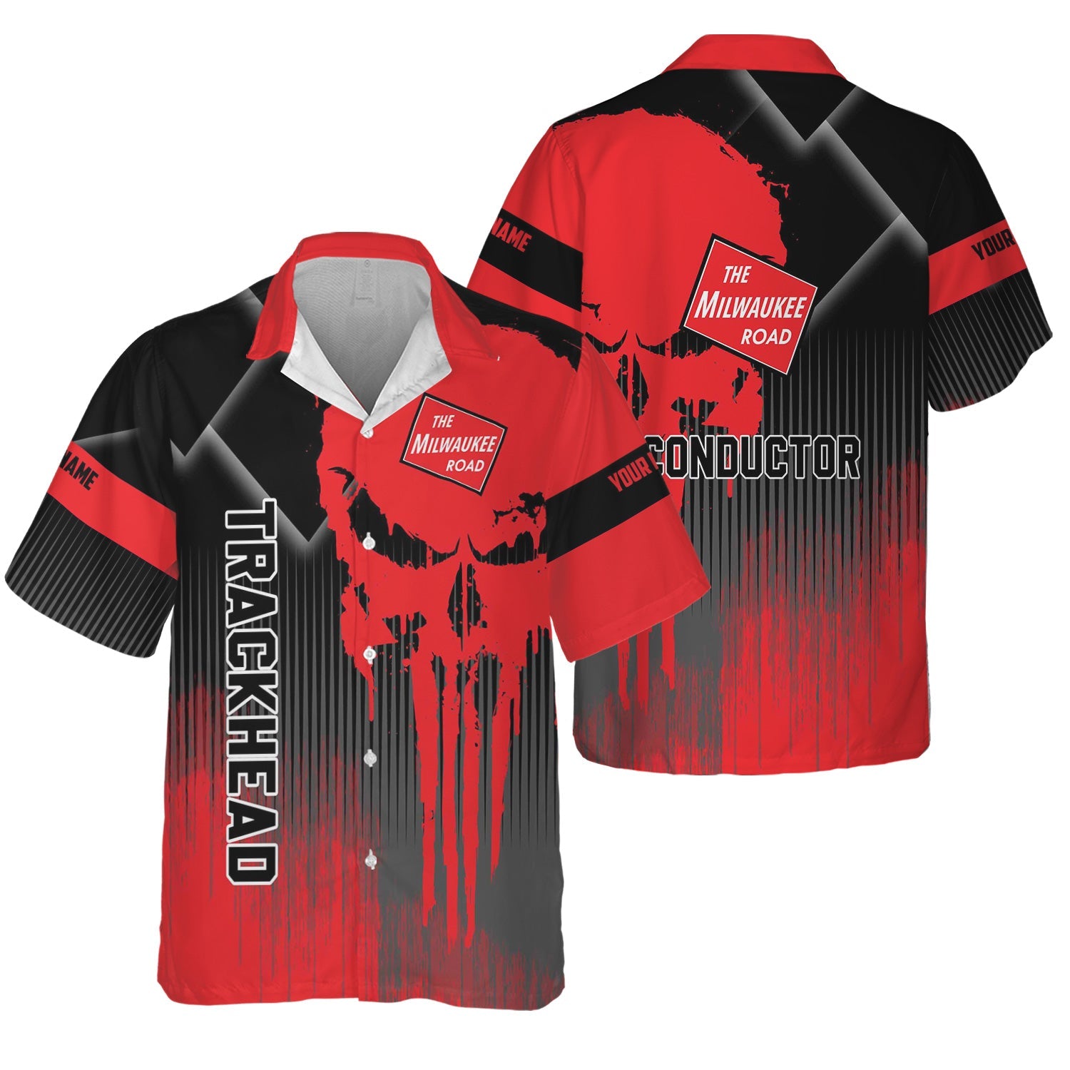 Railspirit Personalized Chicago, Milwaukee, St. Paul and Pacific Railroad Hawaiian Shirt Skull Design with Custom Job Milwaukee Road Train Shirt