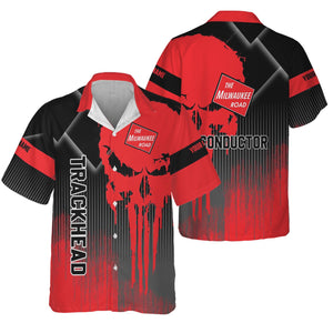 Railspirit Personalized Chicago, Milwaukee, St. Paul and Pacific Railroad Hawaiian Shirt Skull Design with Custom Job Milwaukee Road Train Shirt