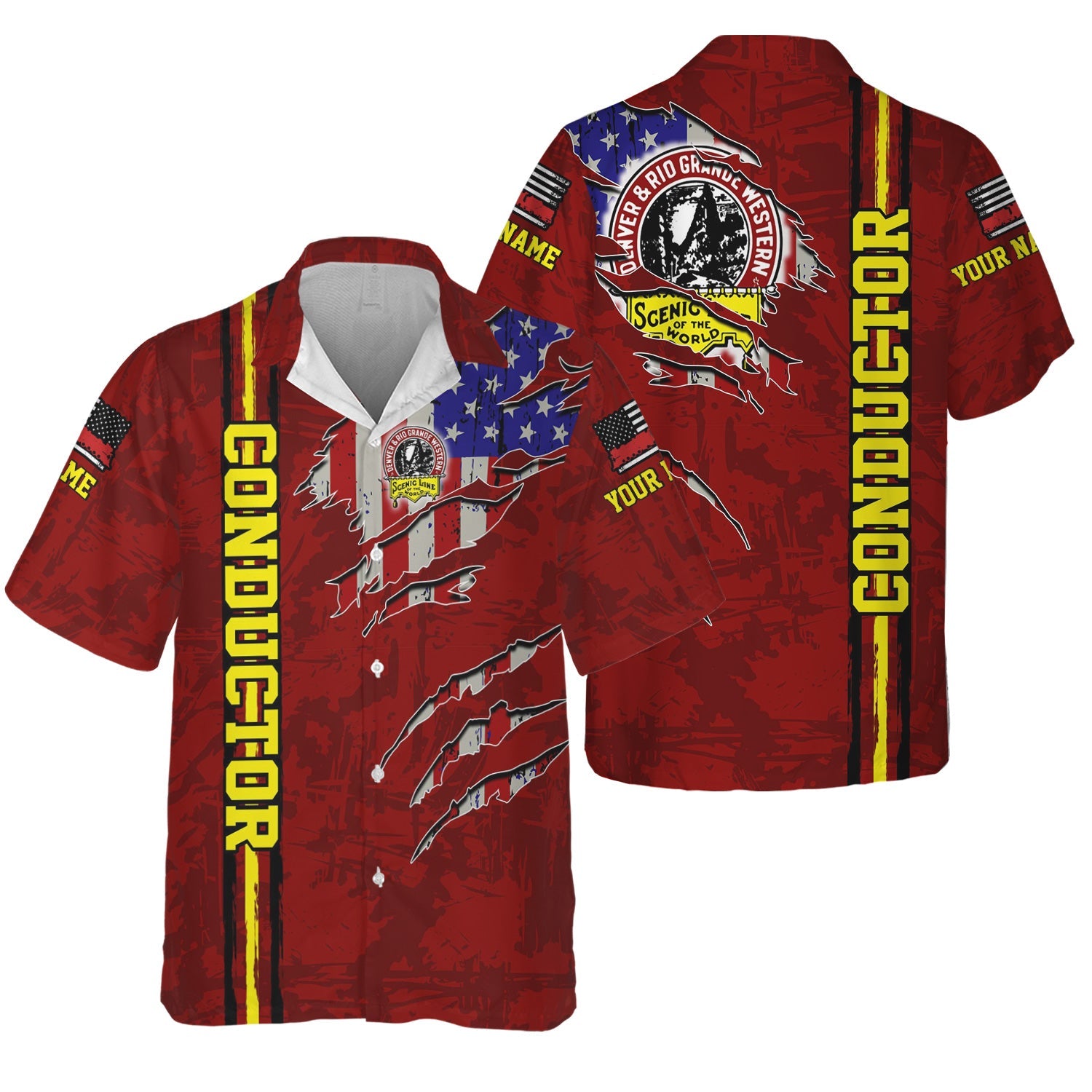 Railspirit Personalized Denver and Rio Grande Western Railroad Hawaiian Shirt USA Flag Claw Art with Custom Job Train Shirt