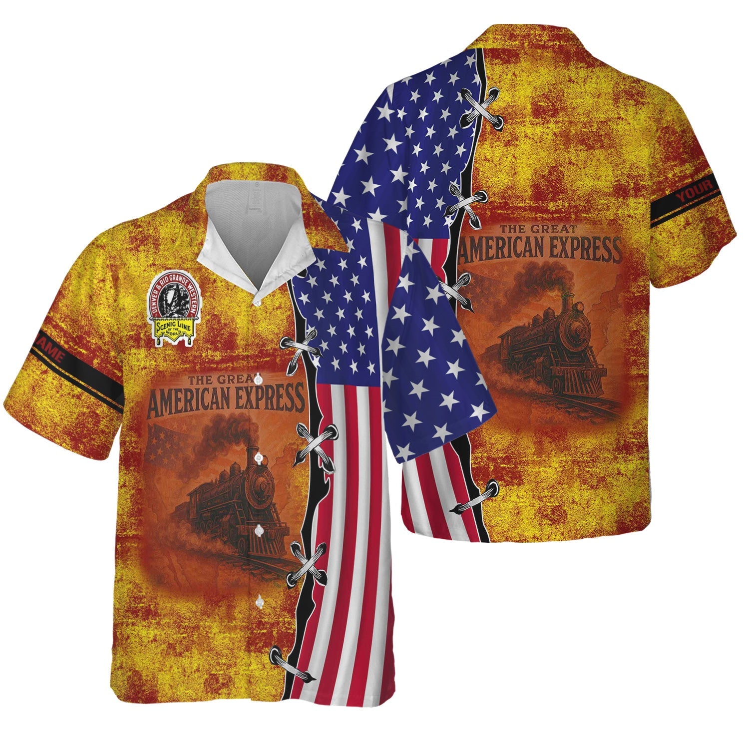 Railspirit Personalized Denver and Rio Grande Western Railroad Hawaiian Shirt Retro American Express Train With USA Flag Shirt