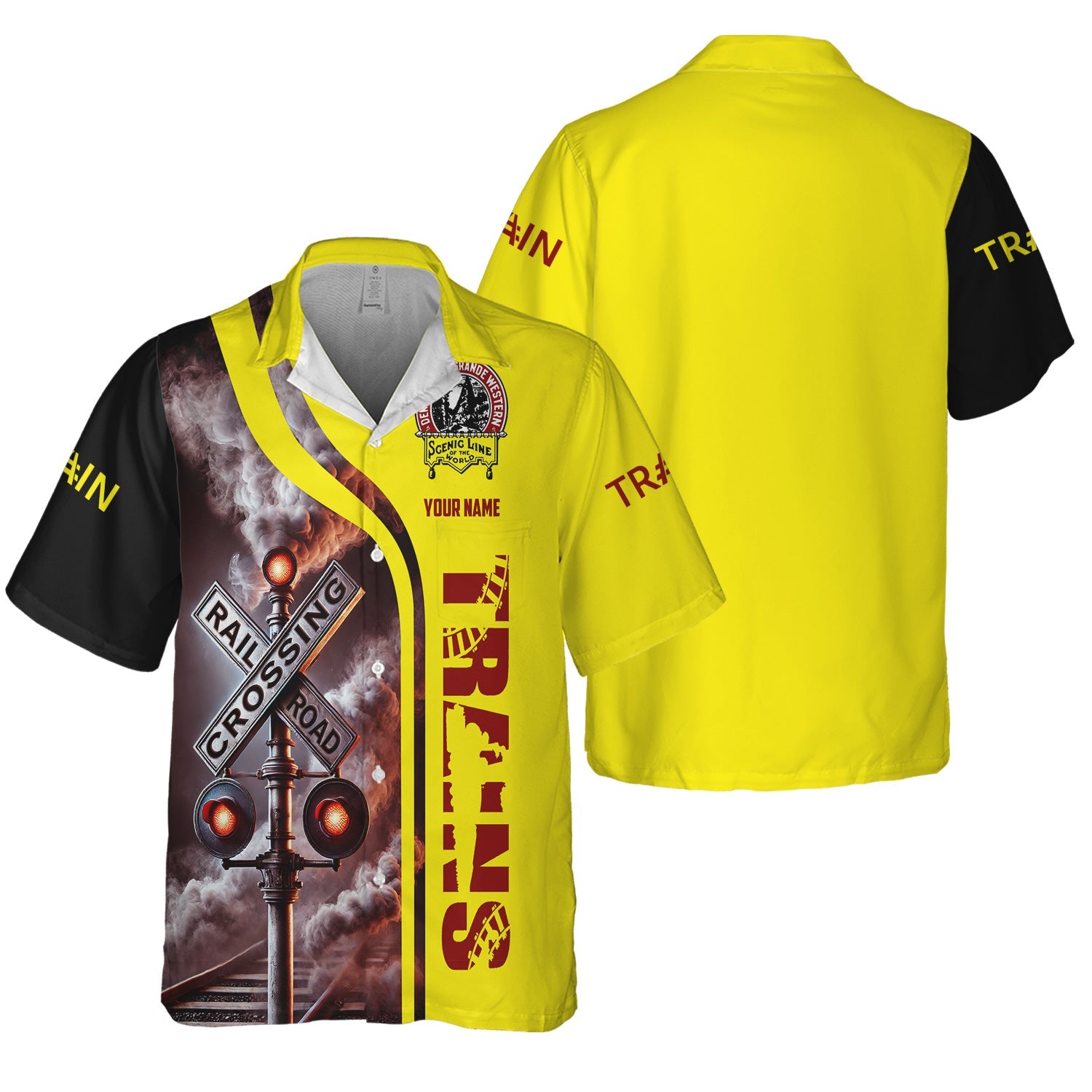 Railspirit Custom Name Denver and Rio Grande Western Railroad Hawaiian Shirt Railroad Crossing Sign Printed Train Shirt