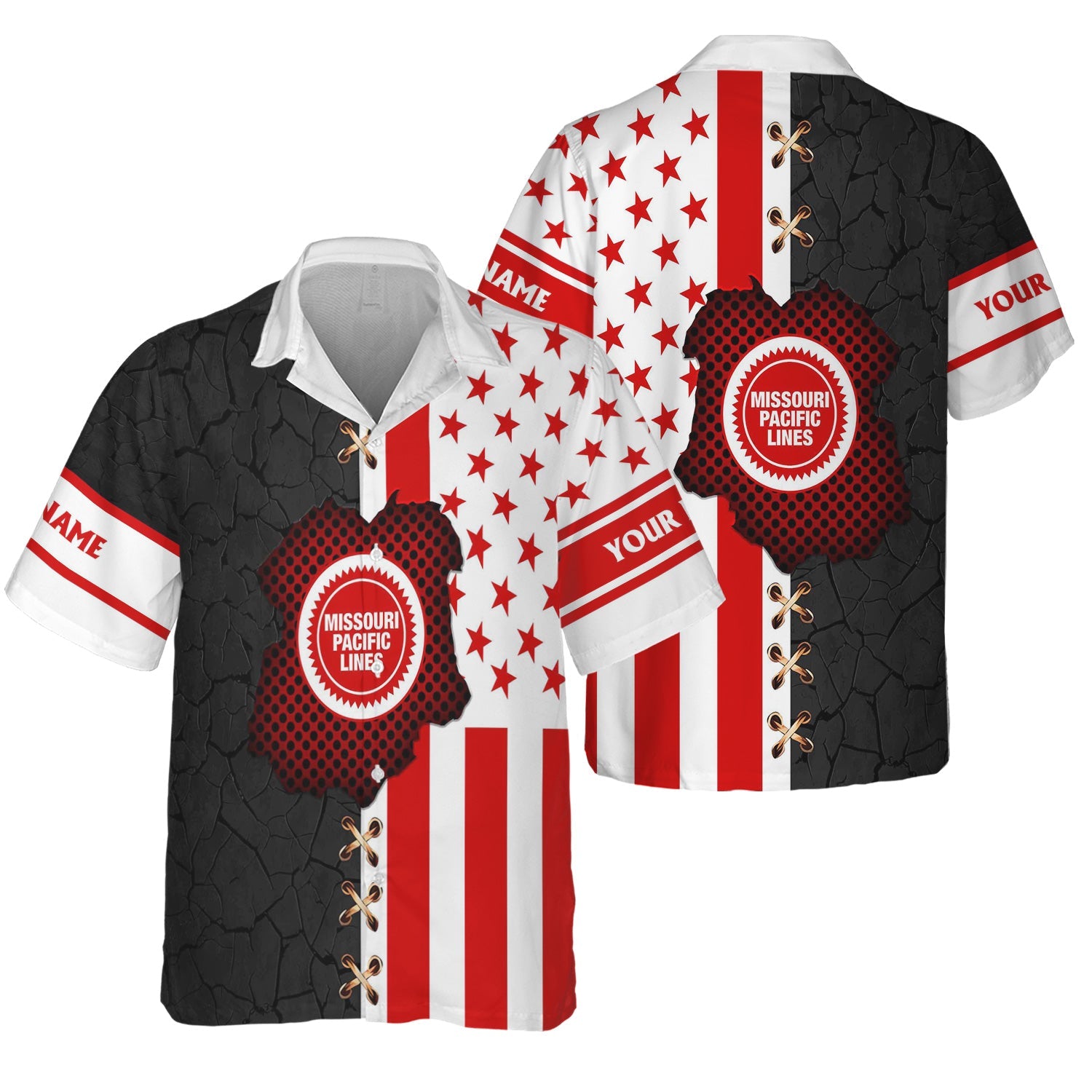 Railspirit Personalized Missouri Pacific Railroad Hawaiian Shirt American Flag with Crack Effect Train Shirt