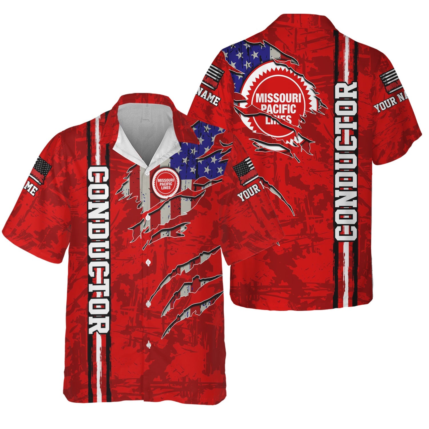 Railspirit Personalized Missouri Pacific Railroad Hawaiian Shirt USA Flag Claw Art with Custom Job Train Shirt