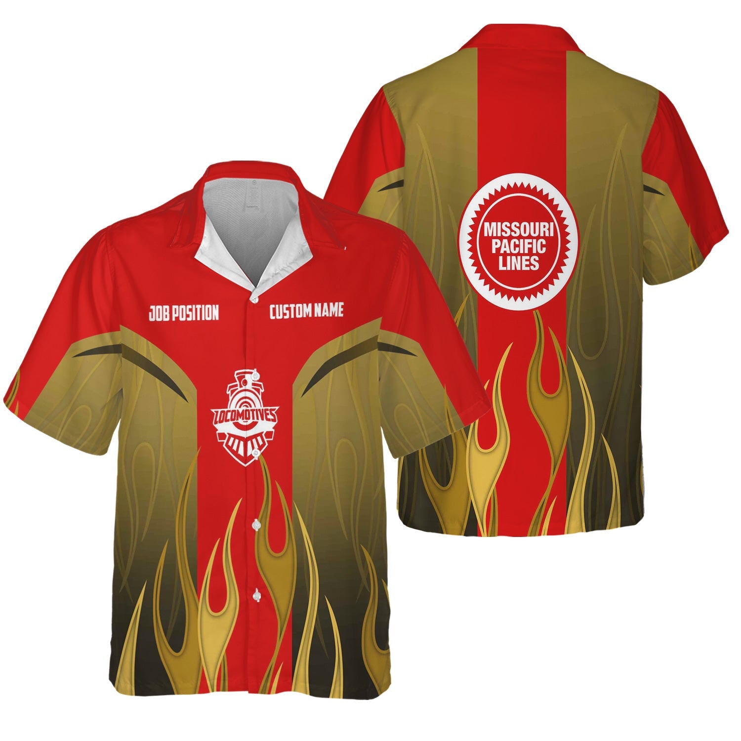 Railspirit Custom Name and Job Title Missouri Pacific Railroad Hawaiian Shirt Flame Graphic Train Shirt For Rail Workers