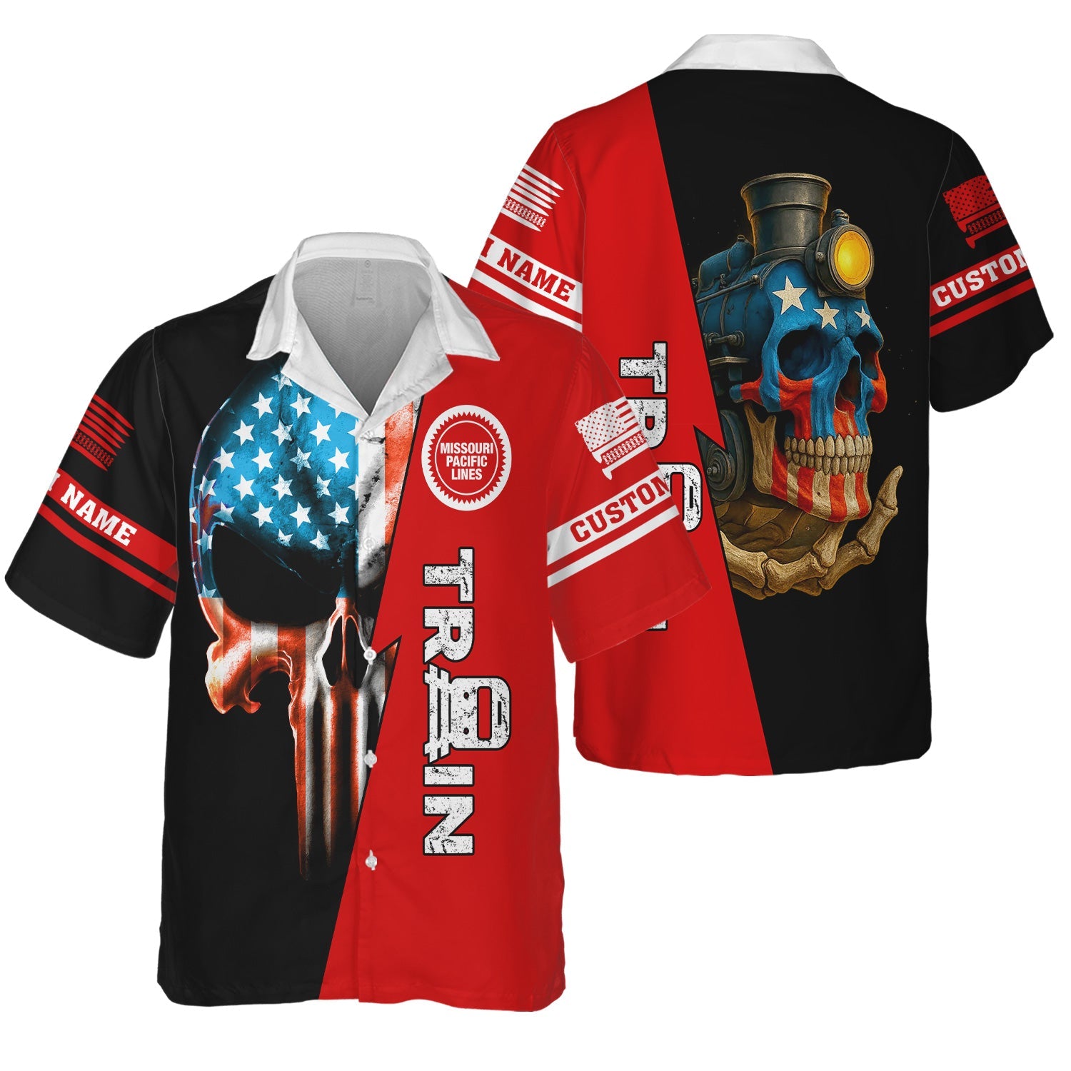 Railspirit Personalized Missouri Pacific Railroad Hawaiian Shirt Train Skull American Flag Shirt All Over Print