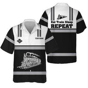 Railspirit Custom Name Reading Railroad Hawaiian Shirt Eat Train Sleep Repeat Printed Train Shirt