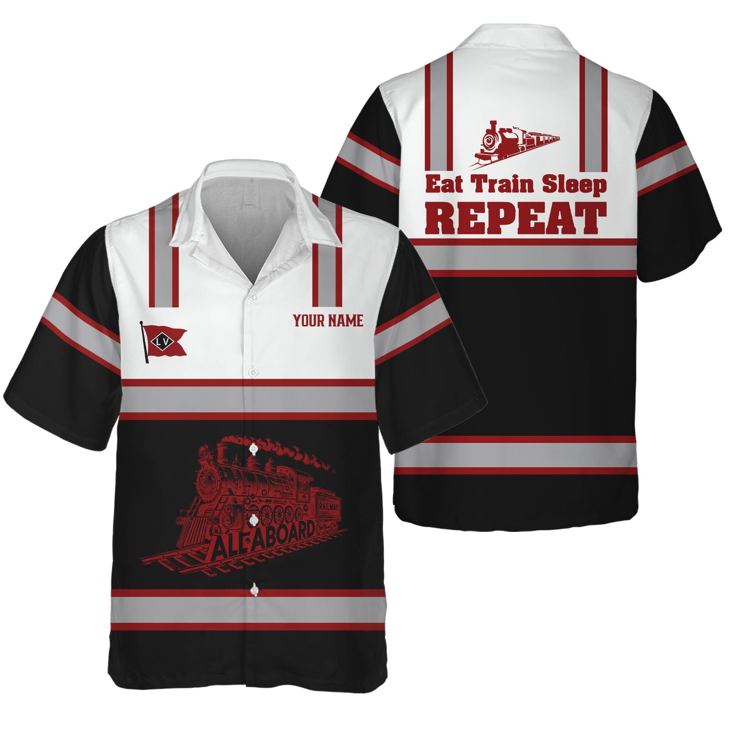 Railspirit Custom Name Lehigh Valley Railroad Hawaiian Shirt Eat Train Sleep Repeat Printed Train Shirt