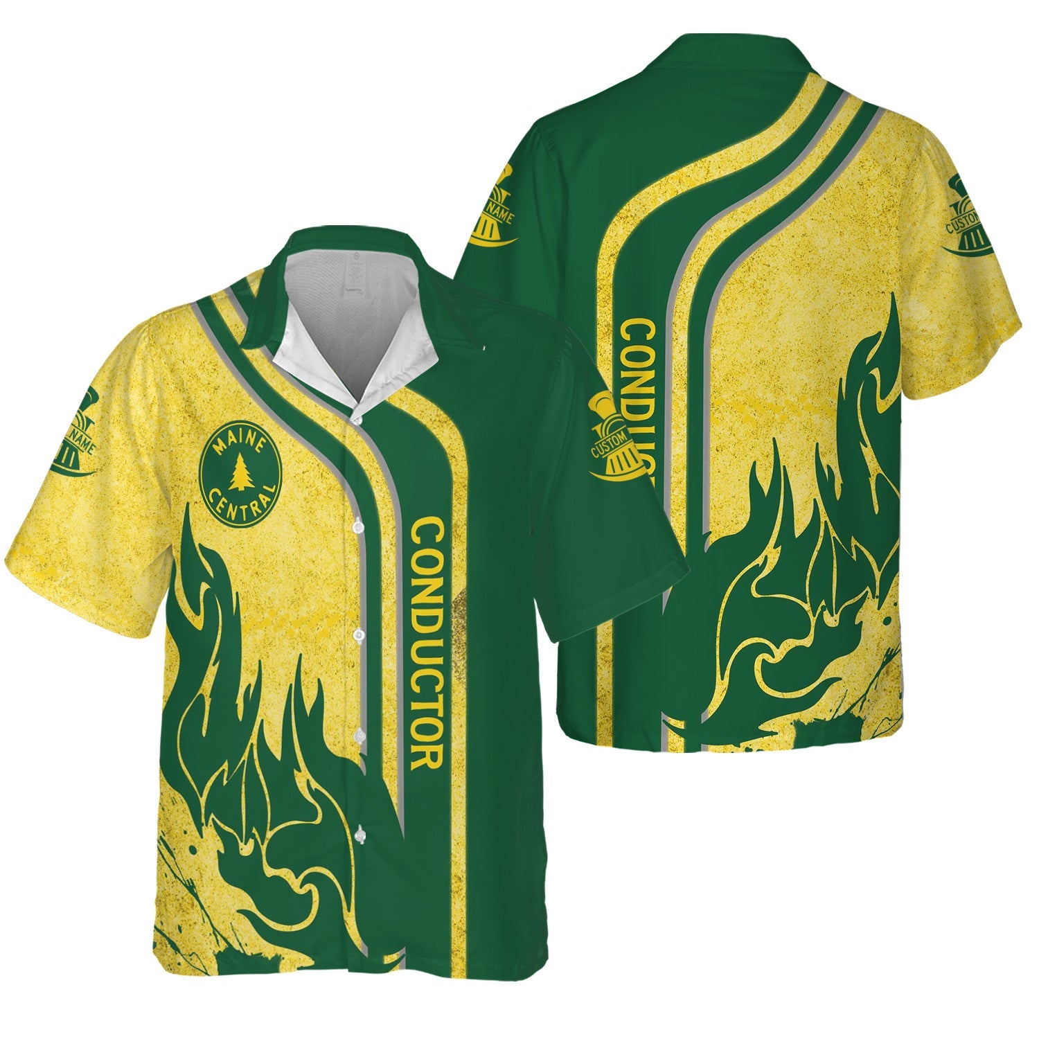 Railspirit Personalized Maine Central Railroad Hawaiian Shirt Flame Design with Custom Job Position Train Shirt