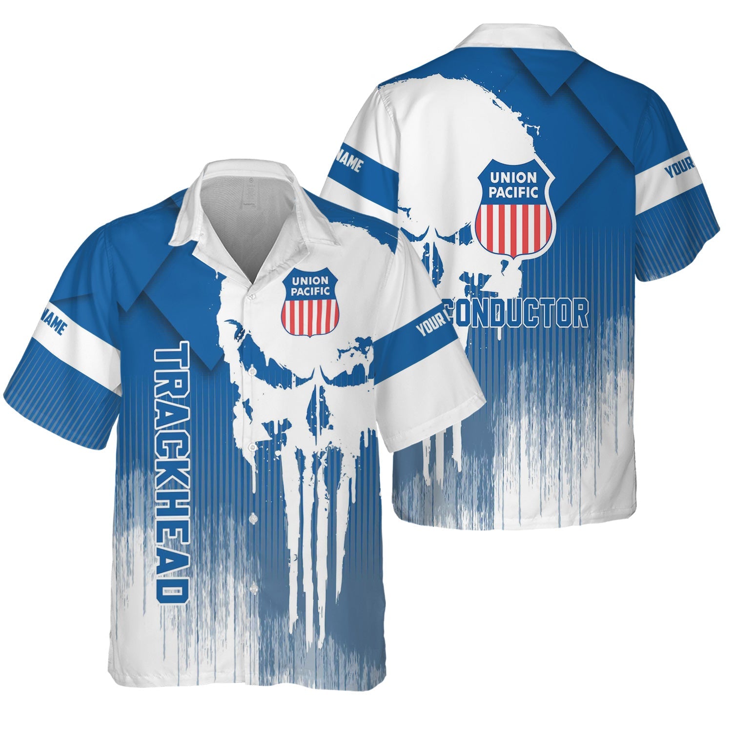 Railspirit Personalized Union Pacific Railroad Hawaiian Shirt Skull Design with Custom Job Big Boy Train Shirt for Trackhead Crew