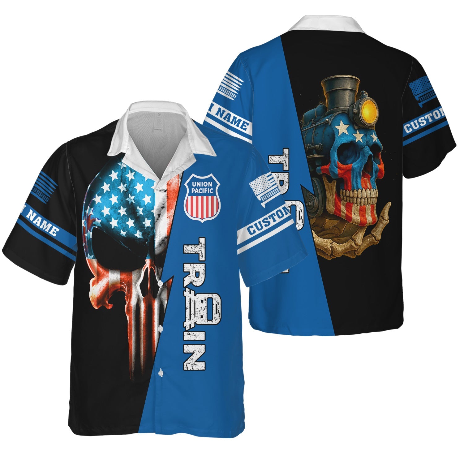Railspirit Personalized Union Pacific Railroad Hawaiian Shirt Train Skull American Flag Big Boy Shirt All Over Print