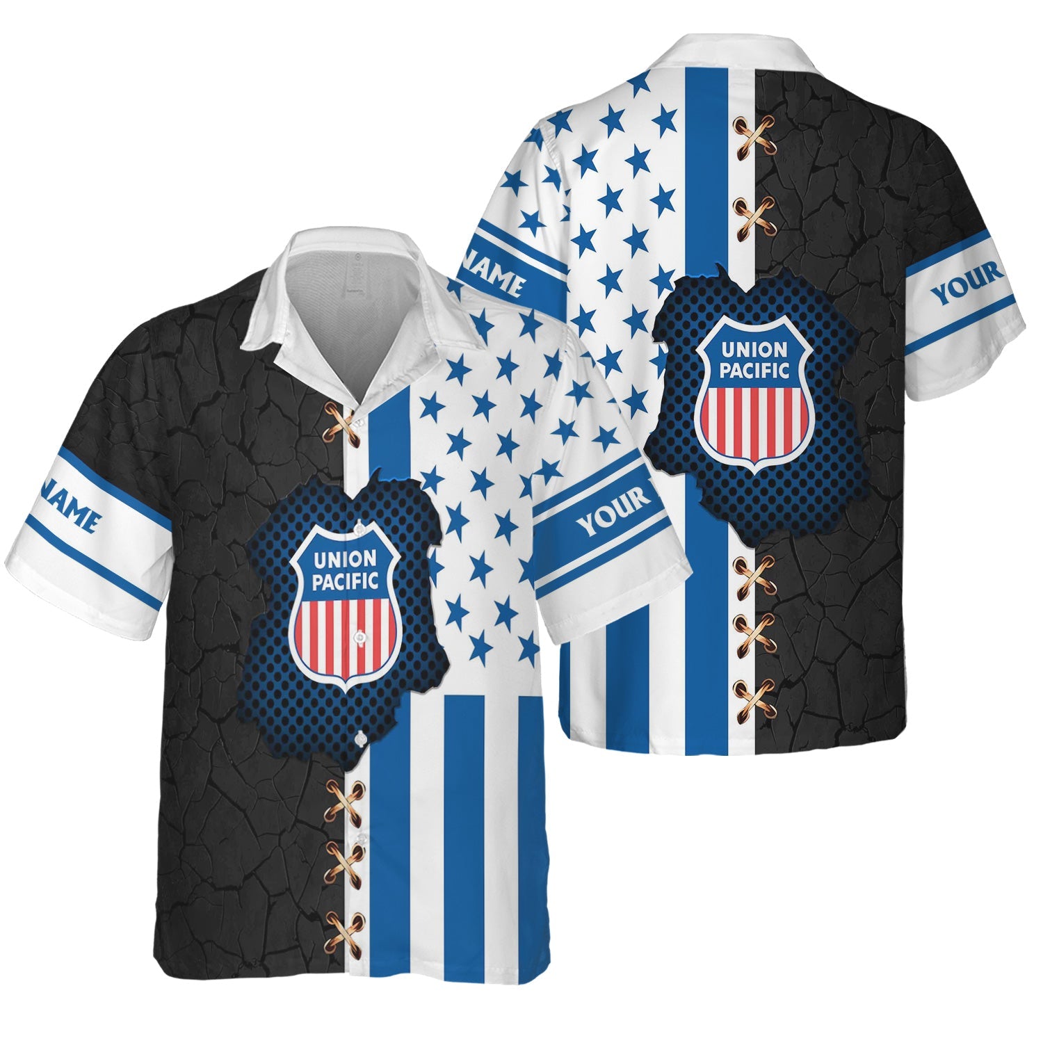 Railspirit Personalized Union Pacific Railroad Hawaiian Shirt American Flag with Crack Effect Big Boy Train Shirt