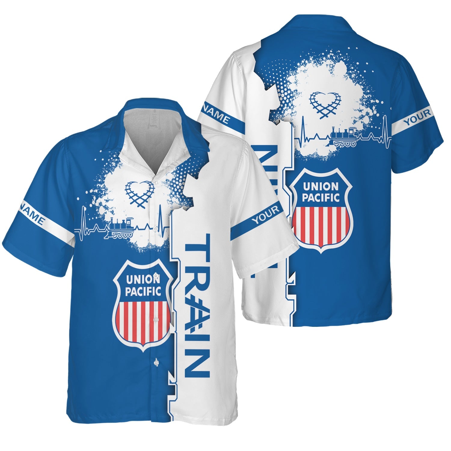 Railspirit Personalized Union Pacific Railroad Hawaiian Shirt Engine Heartbeat and Track Love Style Big Boy Shirt Gift Idea For Train Lovers