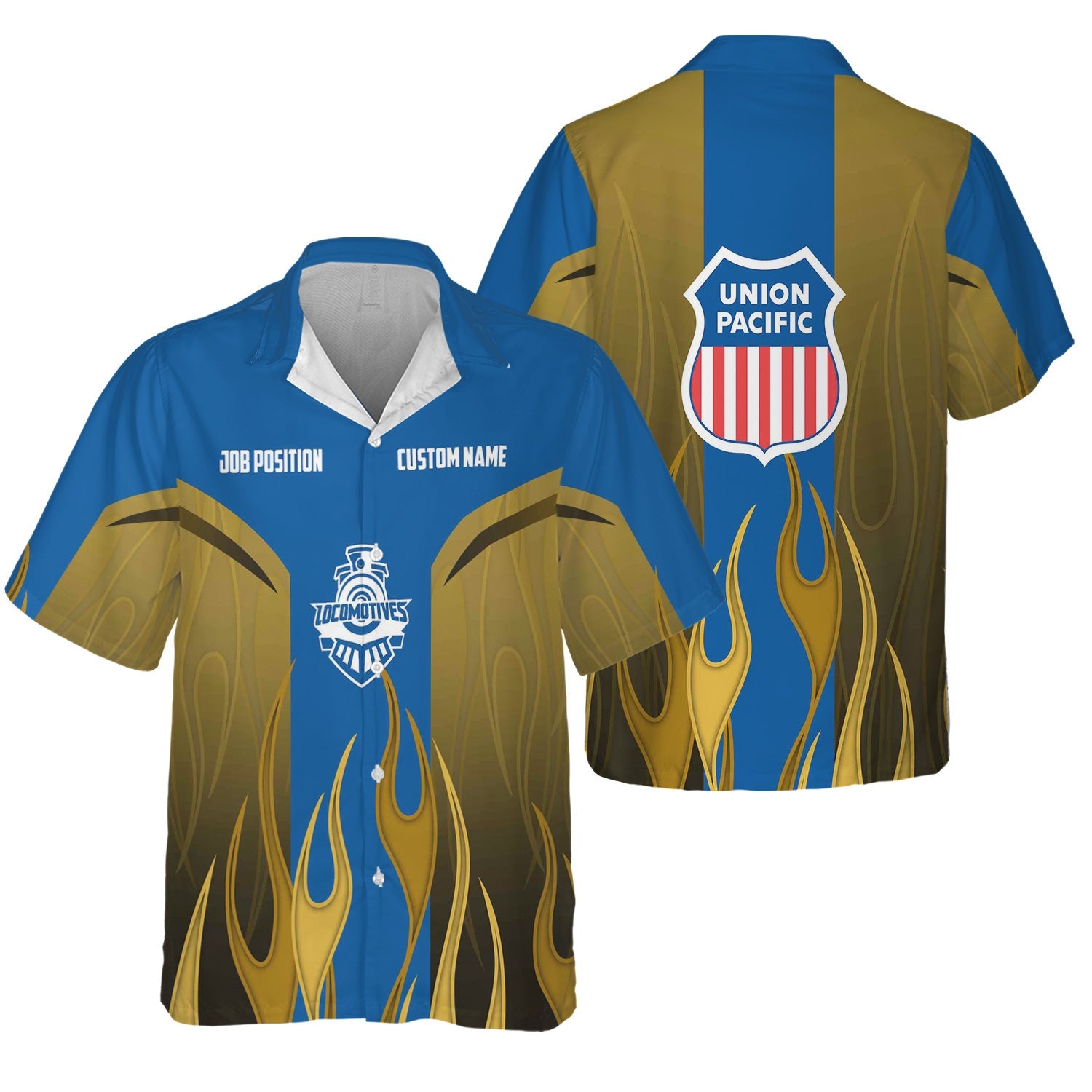 Railspirit Custom Name and Job Title Union Pacific Railroad Hawaiian Shirt Flame Graphic Big Boy Train Shirt For Rail Workers