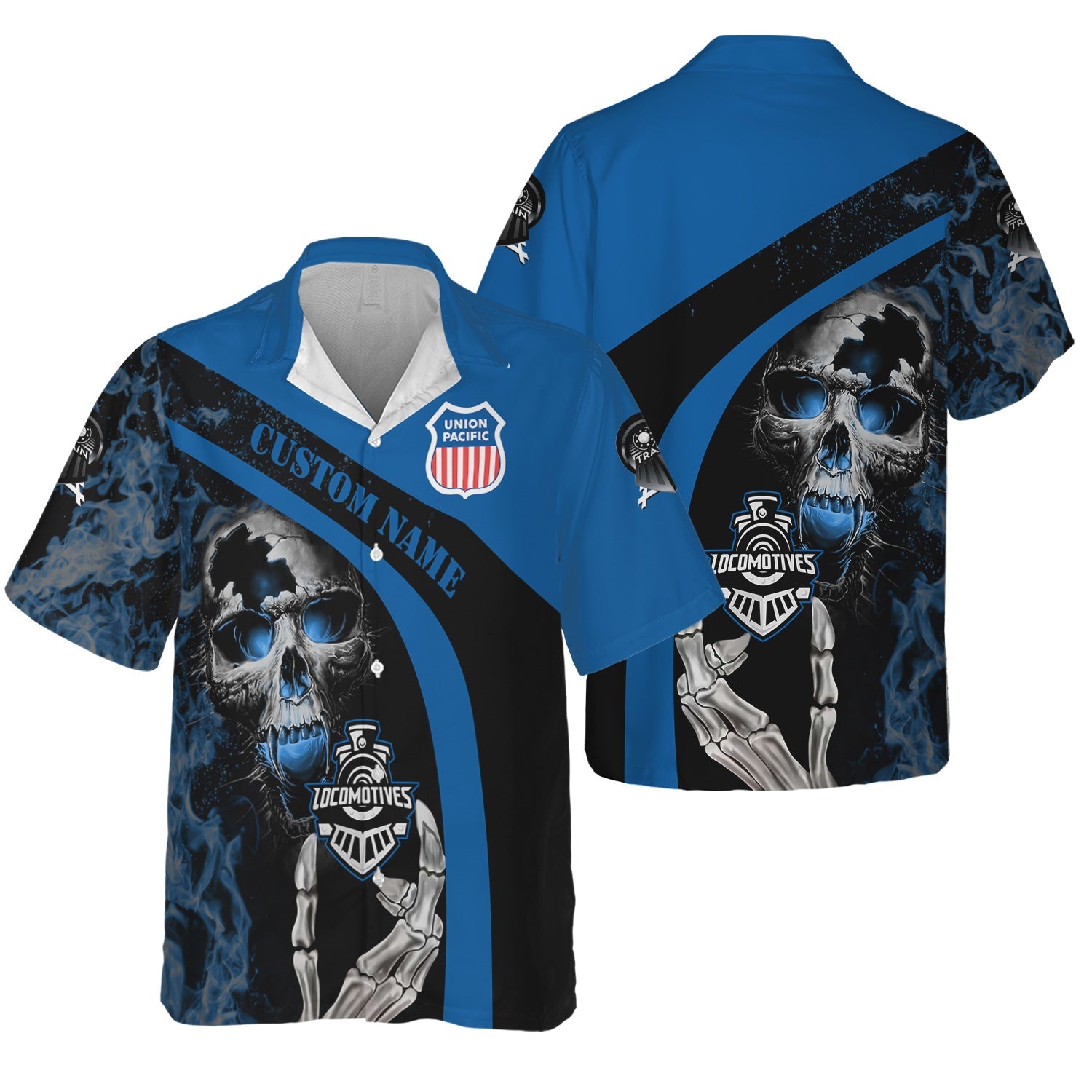 Railspirit Personalized Union Pacific Railroad Hawaiian Shirt Flame Skull Design Big Boy Train Shirt for Locomotive Fans