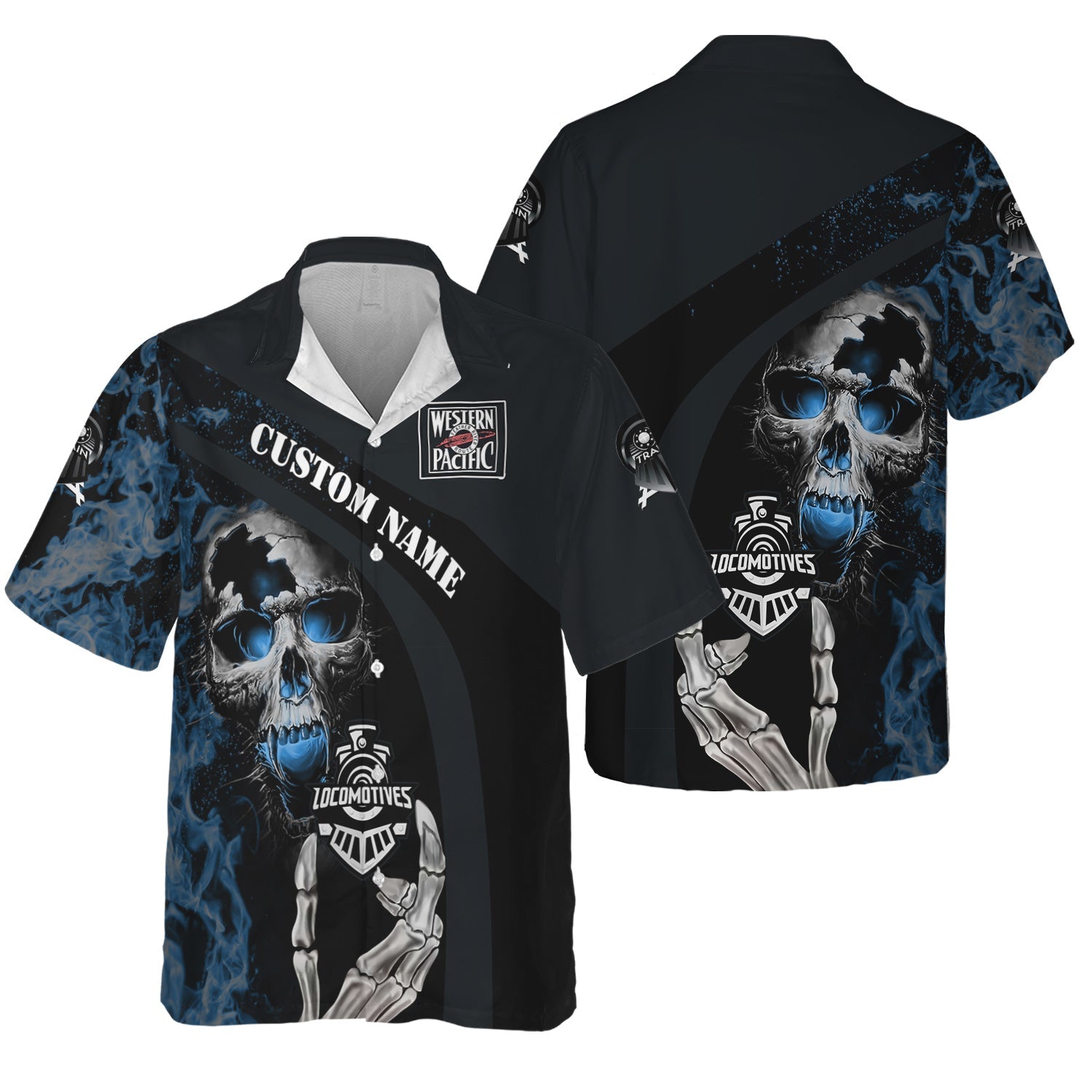 Railspirit Personalized Western Pacific Railroad Hawaiian Shirt Flame Skull Design Train Shirt for Locomotive Fans