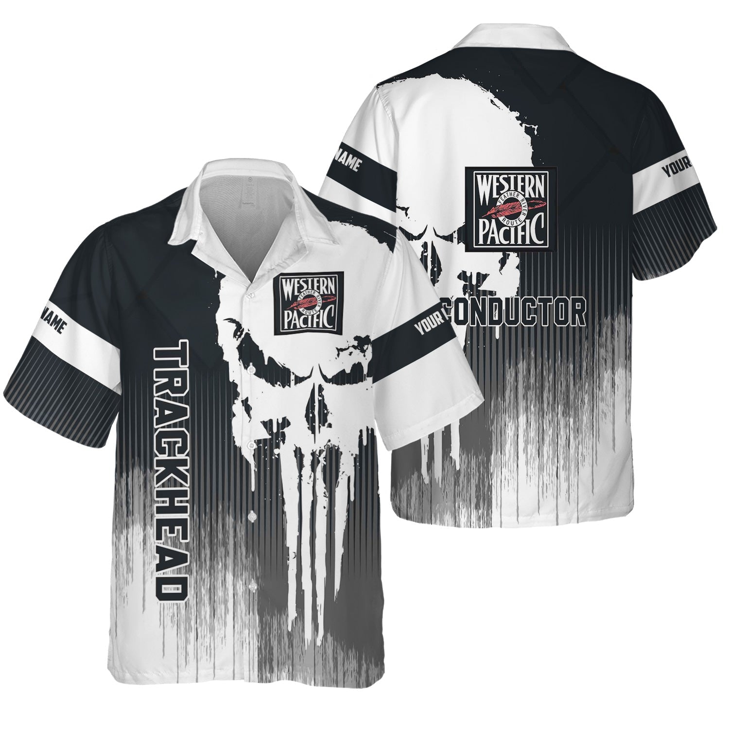 Railspirit Personalized Western Pacific Railroad Hawaiian Shirt Skull Design with Custom Job Train Shirt for Trackhead Crew