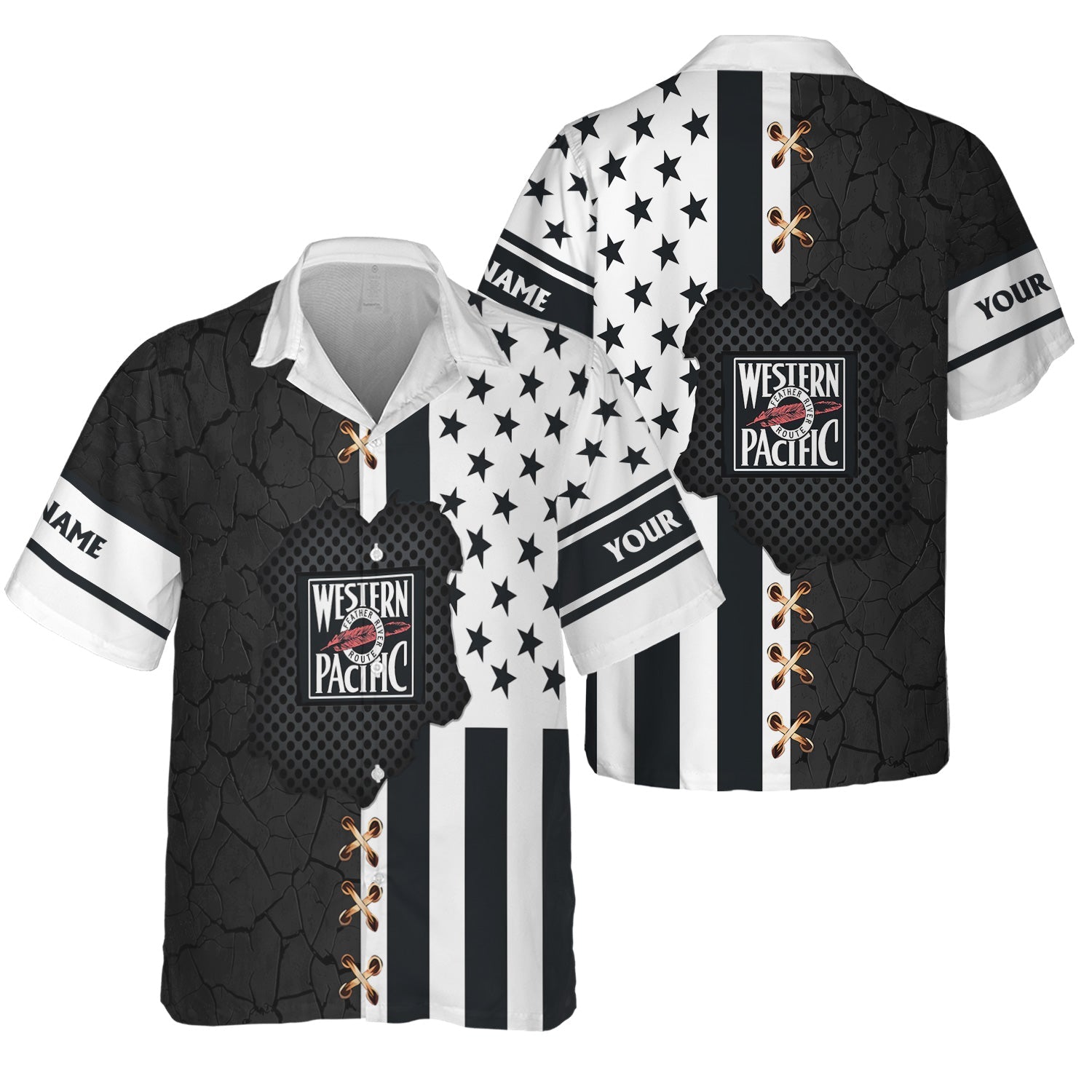 Railspirit Personalized Western Pacific Railroad Hawaiian Shirt American Flag with Crack Effect Train Shirt