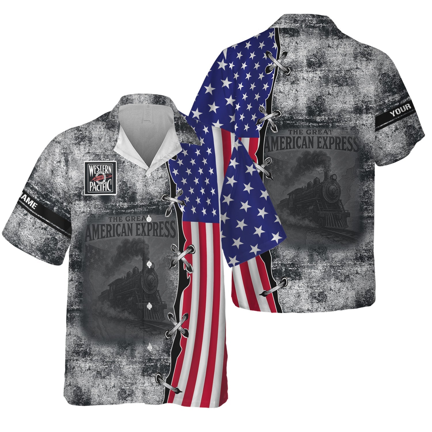 Railspirit Personalized Western Pacific Railroad Hawaiian Shirt Retro American Express Train With USA Flag Shirt