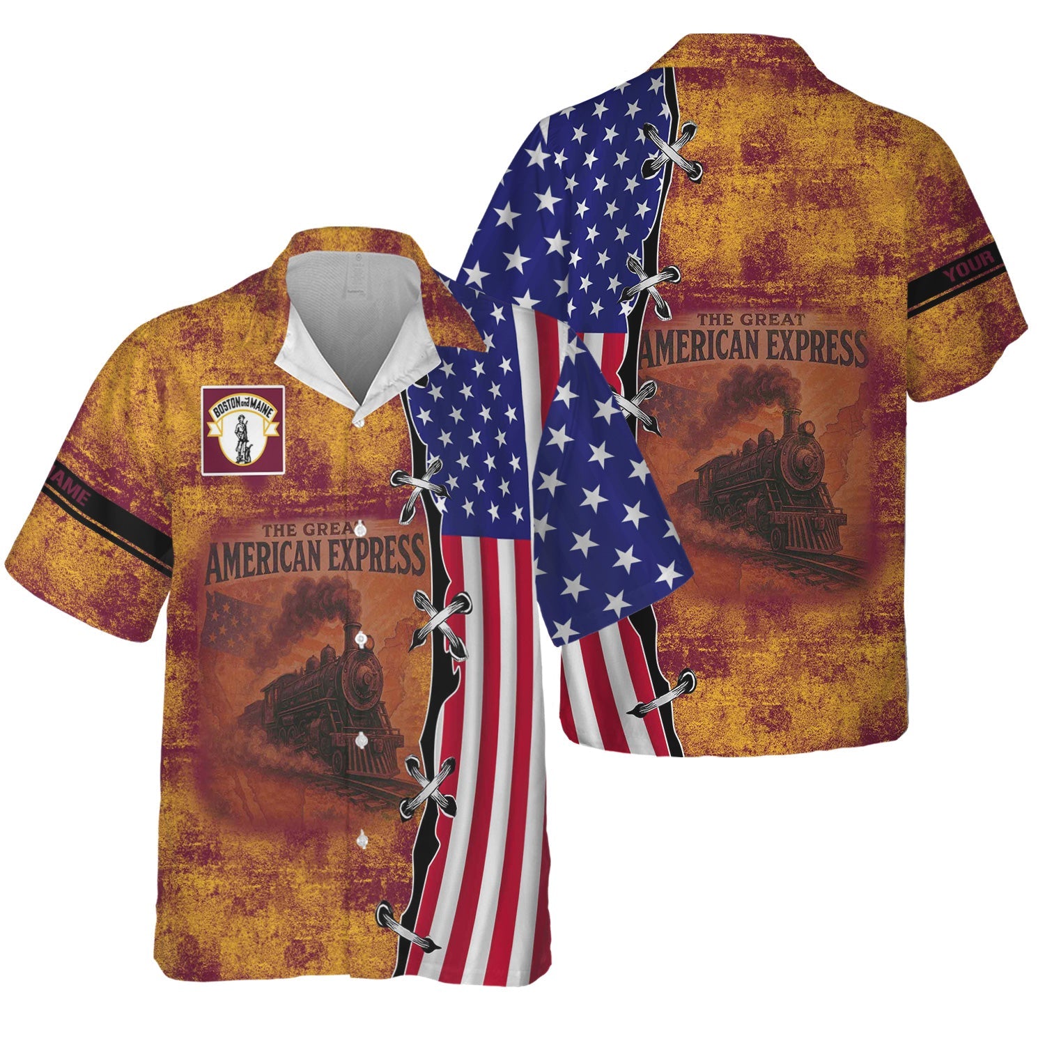 Railspirit Personalized Boston and Maine Railroad Hawaiian Shirt Retro American Express Train With USA Flag Shirt