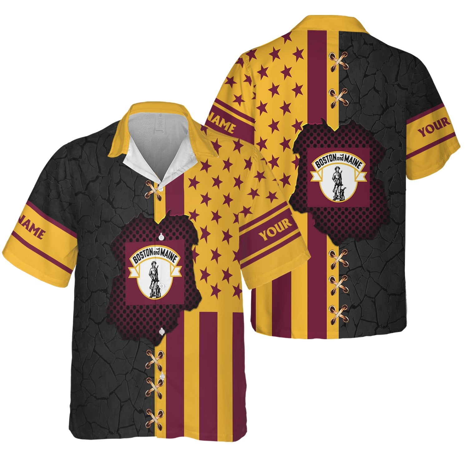 Railspirit Personalized Boston and Maine Railroad Hawaiian Shirt American Flag with Crack Effect Train Shirt