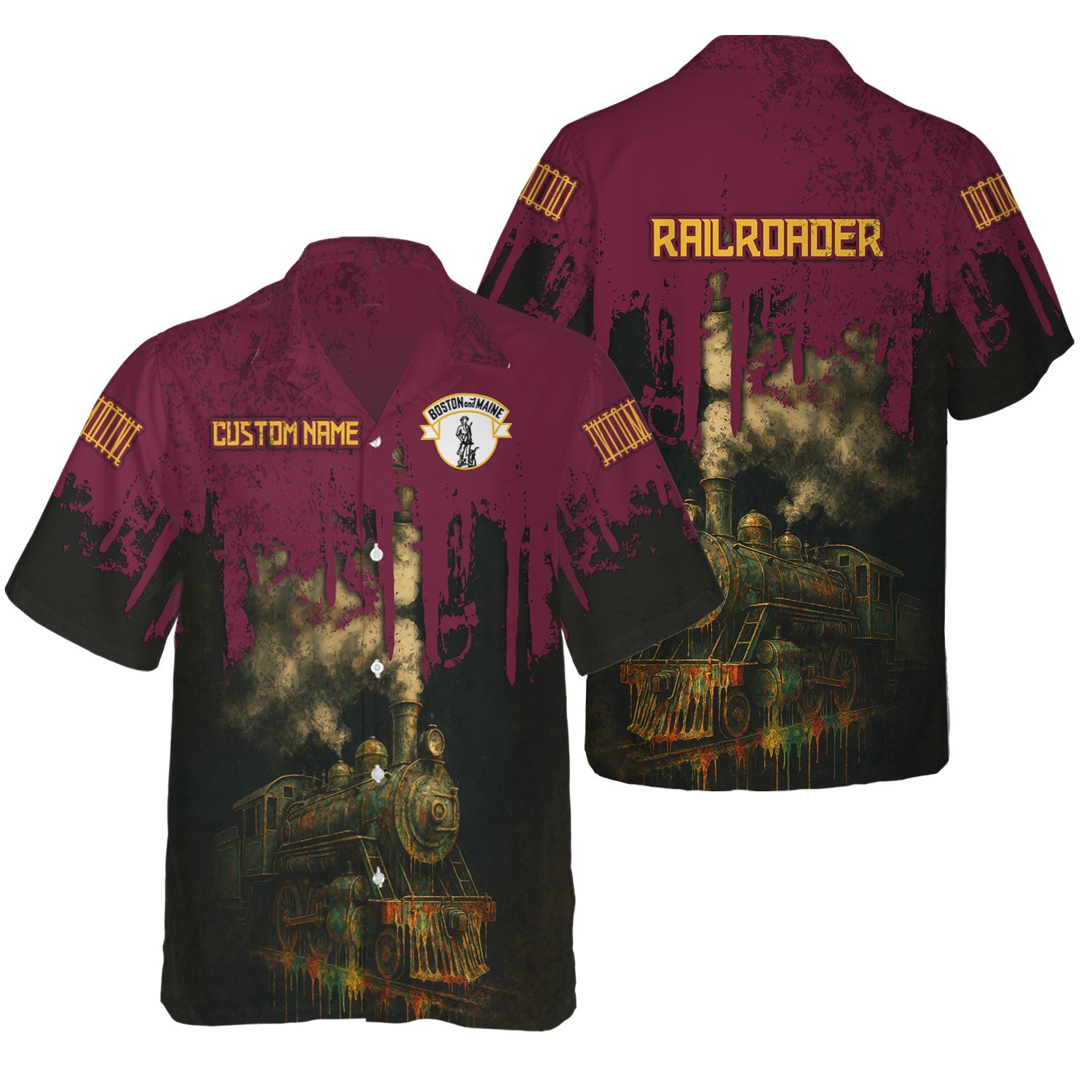 Railspirit Personalized Boston and Maine Railroad Hawaiian Shirt Vintage Train Art Style Shirt For Locomotive Fans