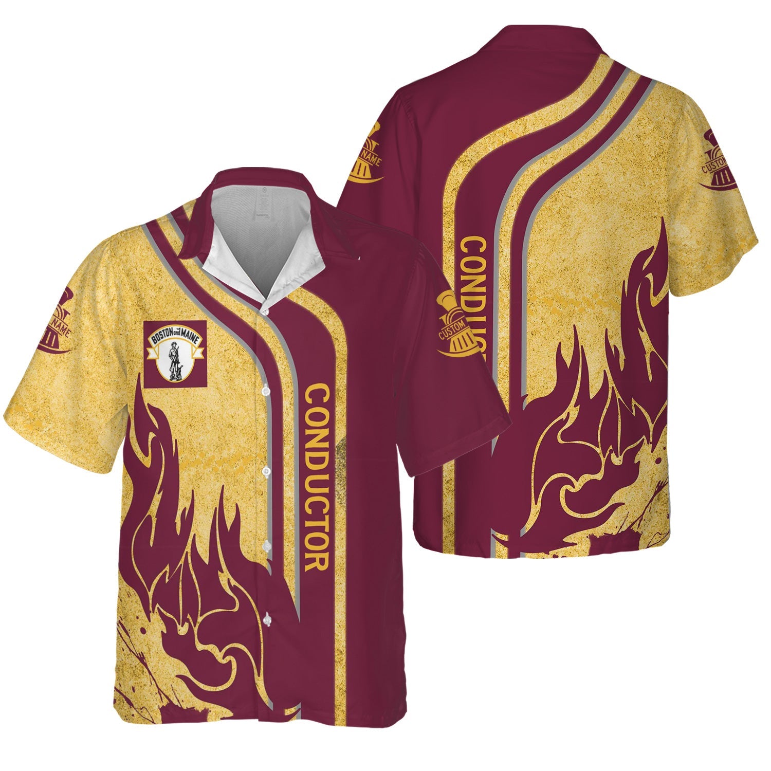 Railspirit Personalized Boston and Maine Railroad Hawaiian Shirt Flame Design with Custom Job Position Train Shirt