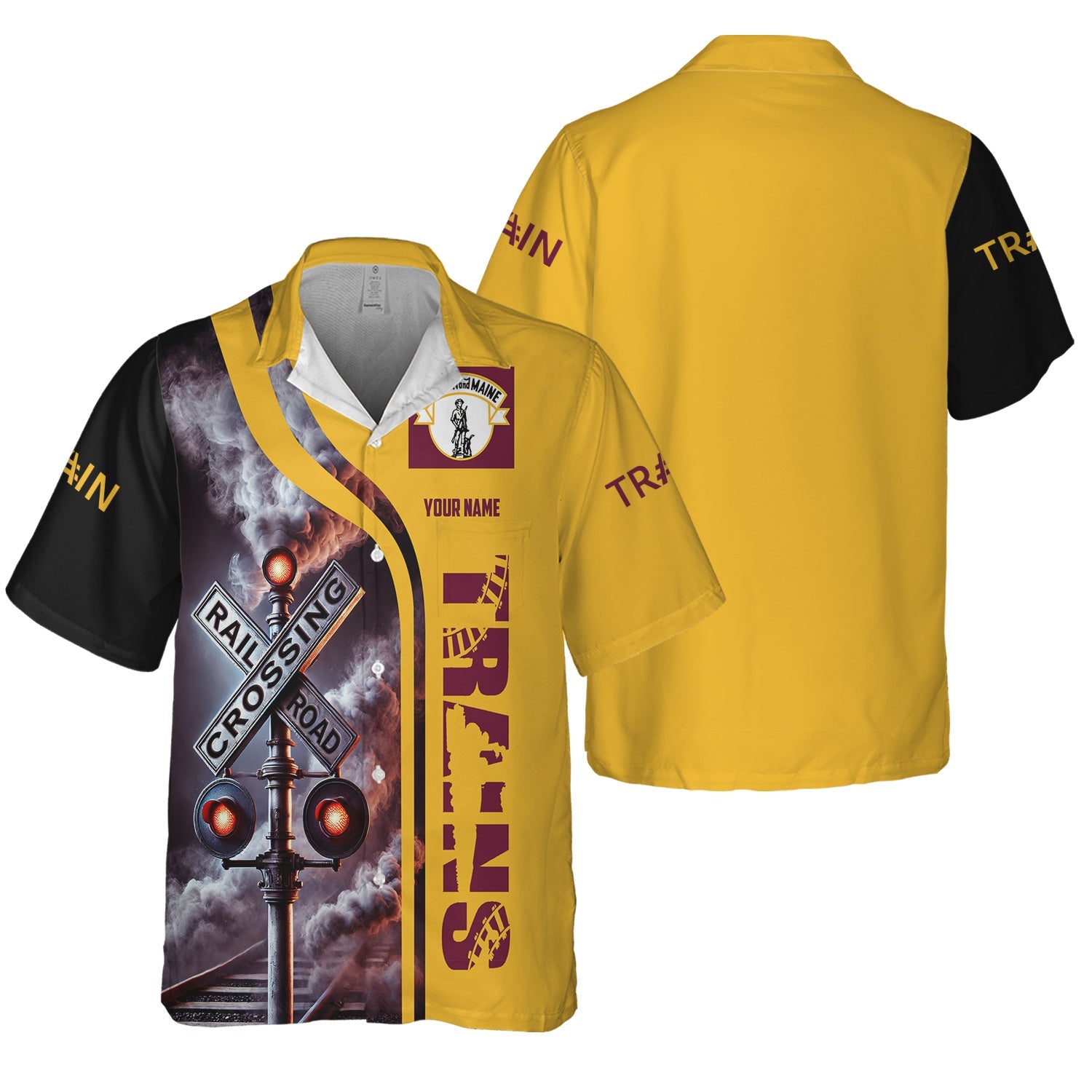 Railspirit Custom Name Boston and Maine Railroad Hawaiian Shirt Railroad Crossing Sign Printed Train Shirt