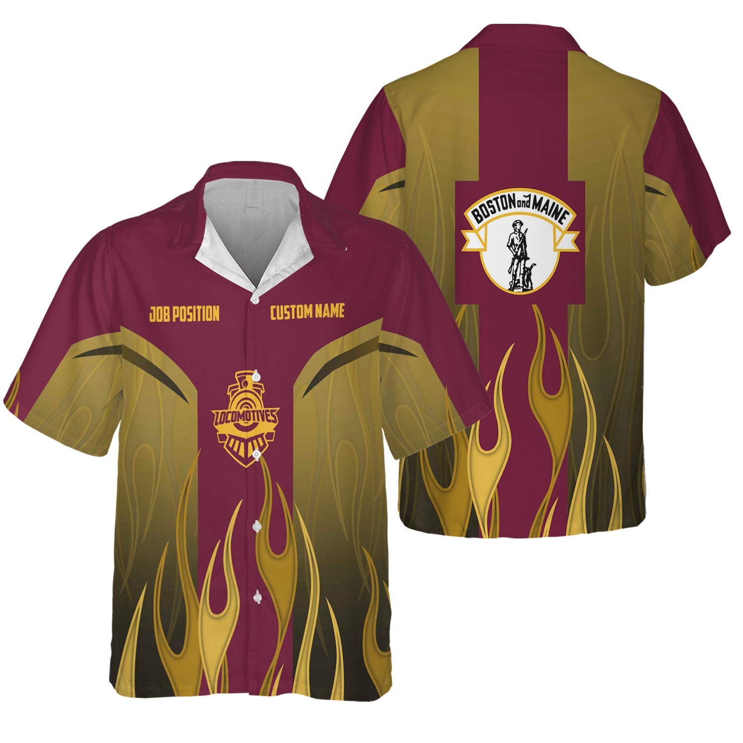 Railspirit Custom Name and Job Title Boston and Maine Railroad Hawaiian Shirt Flame Graphic Train Shirt For Rail Workers