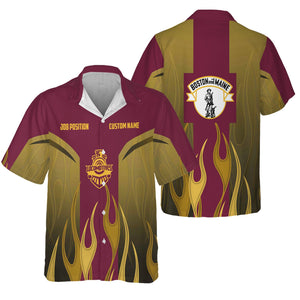 Railspirit Custom Name and Job Title Boston and Maine Railroad Hawaiian Shirt Flame Graphic Train Shirt For Rail Workers