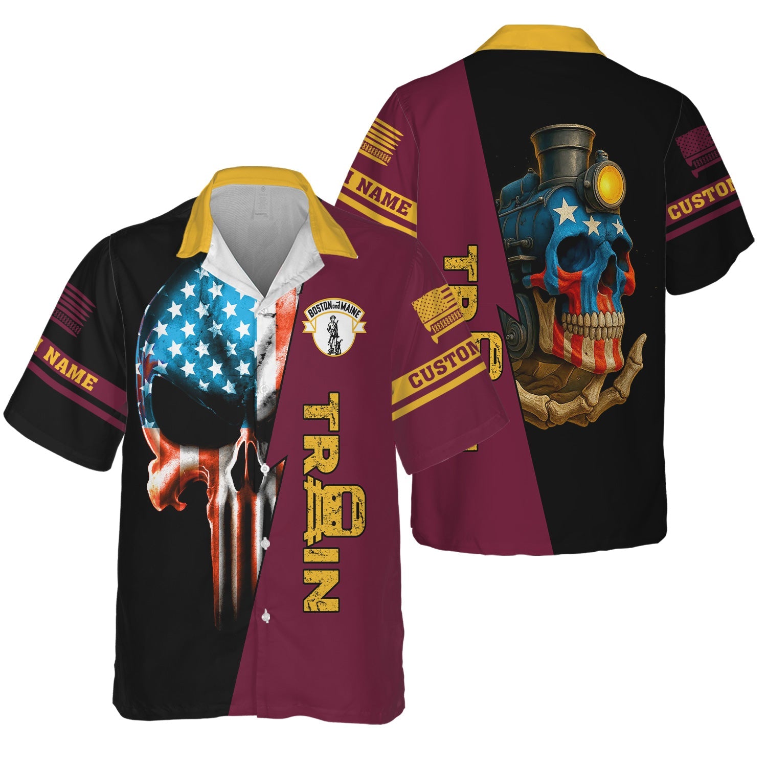 Railspirit Personalized Boston and Maine Railroad Hawaiian Shirt Train Skull American Flag Shirt All Over Print