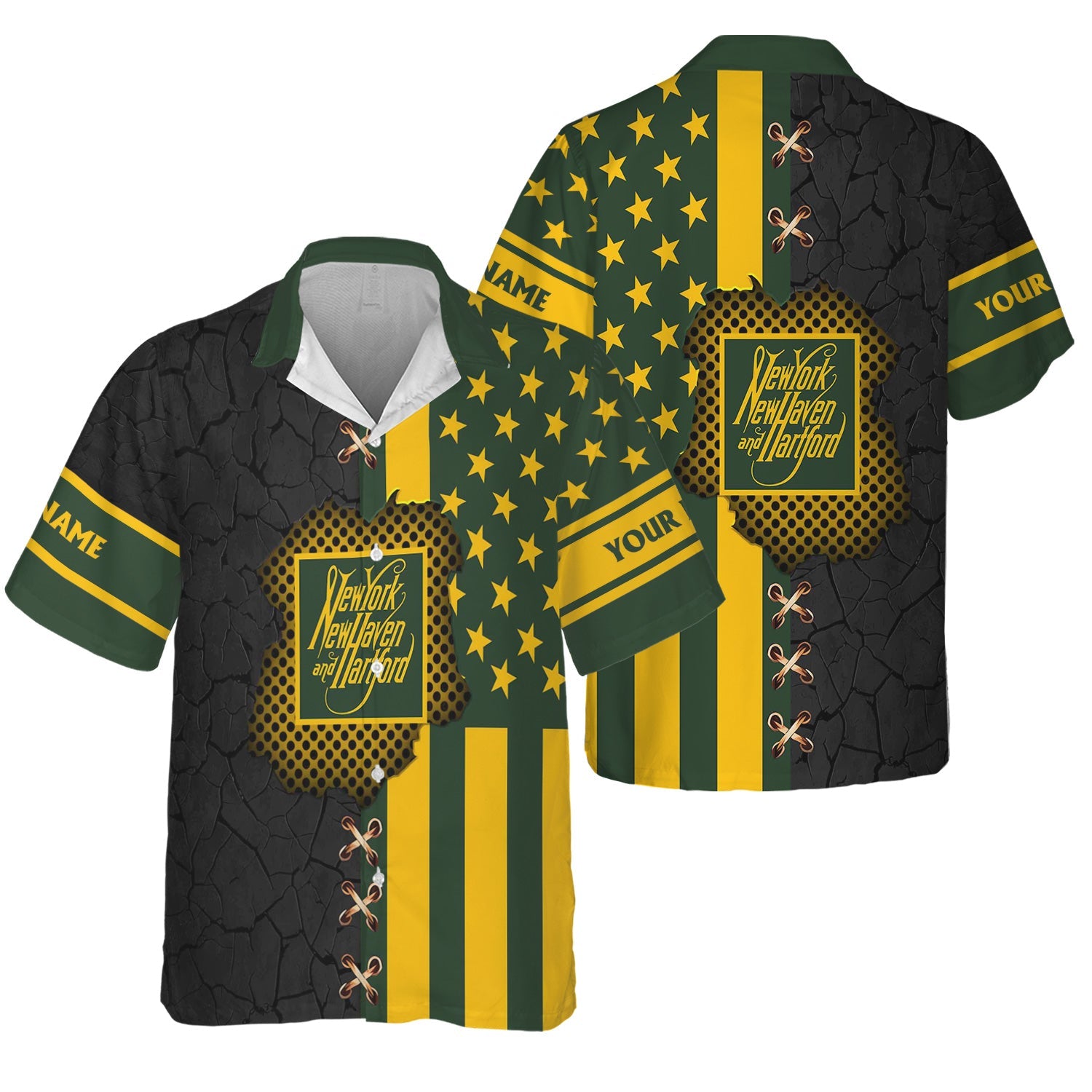 Railspirit Personalized New York, New Haven and Hartford Railroad Hawaiian Shirt American Flag with Crack Effect New Haven Railroad Train Shirt