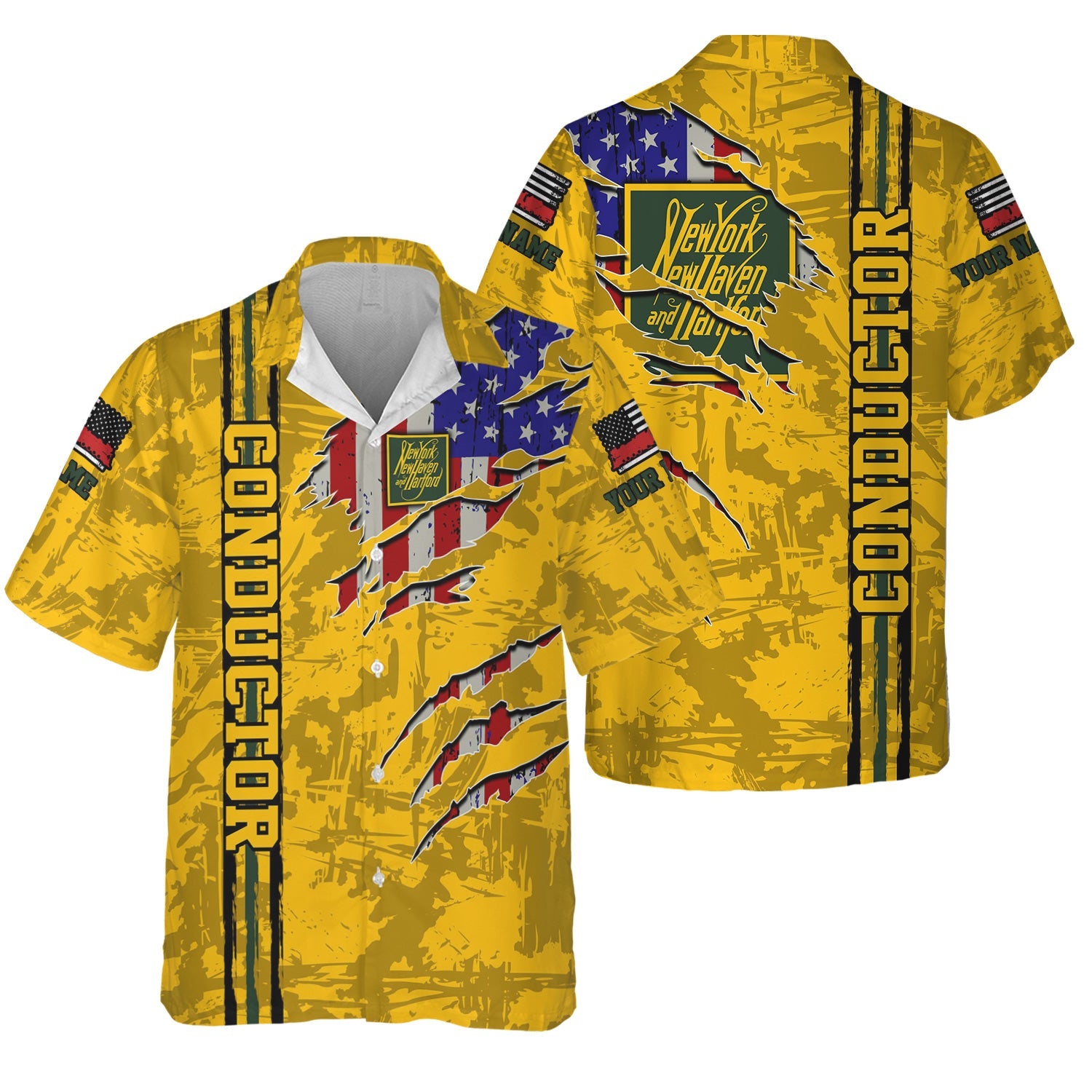Railspirit Personalized New York, New Haven and Hartford Railroad Hawaiian Shirt USA Flag Claw Art with Custom Job New Haven Railroad Train Shirt
