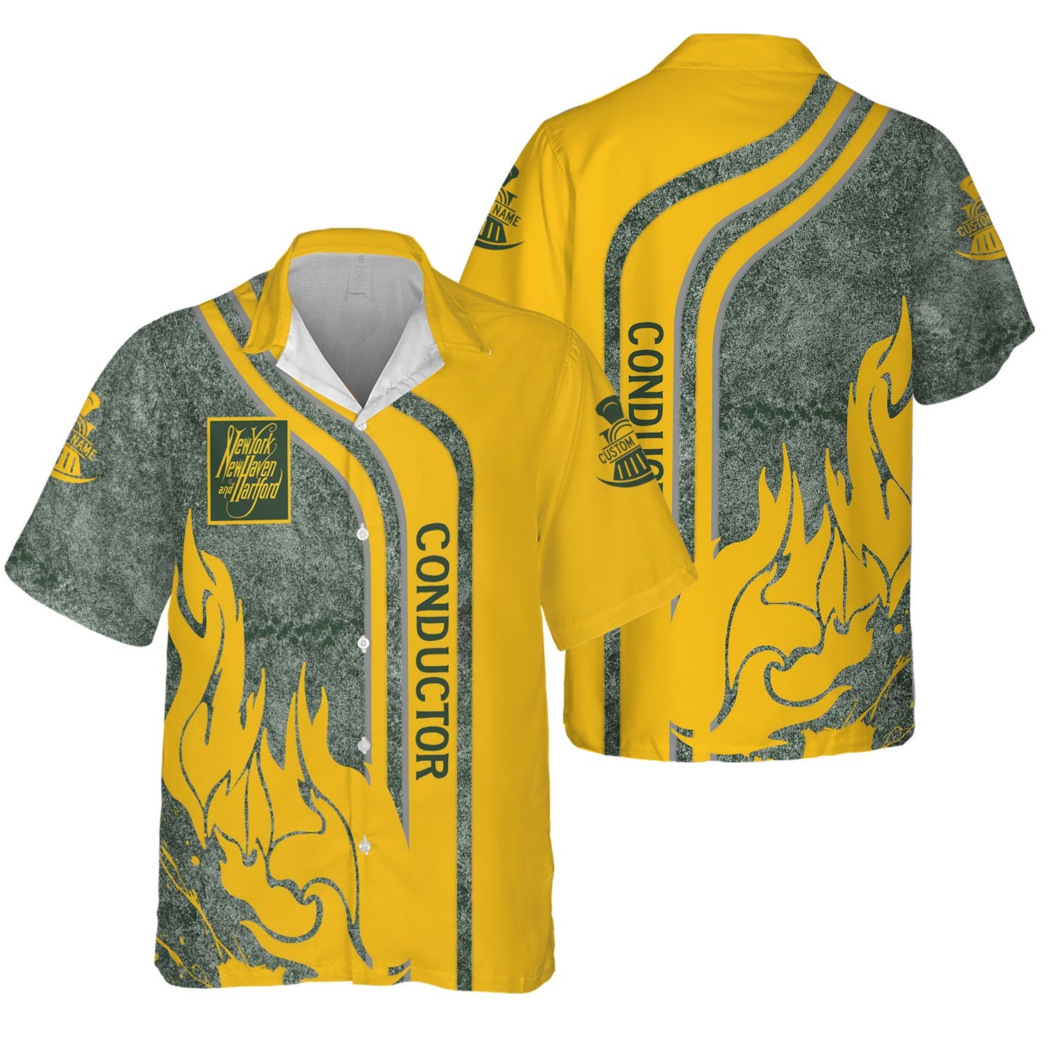 Railspirit Personalized New York, New Haven and Hartford Railroad Hawaiian Shirt Flame Design with Custom Job Position New Haven Railroad Train Shirt