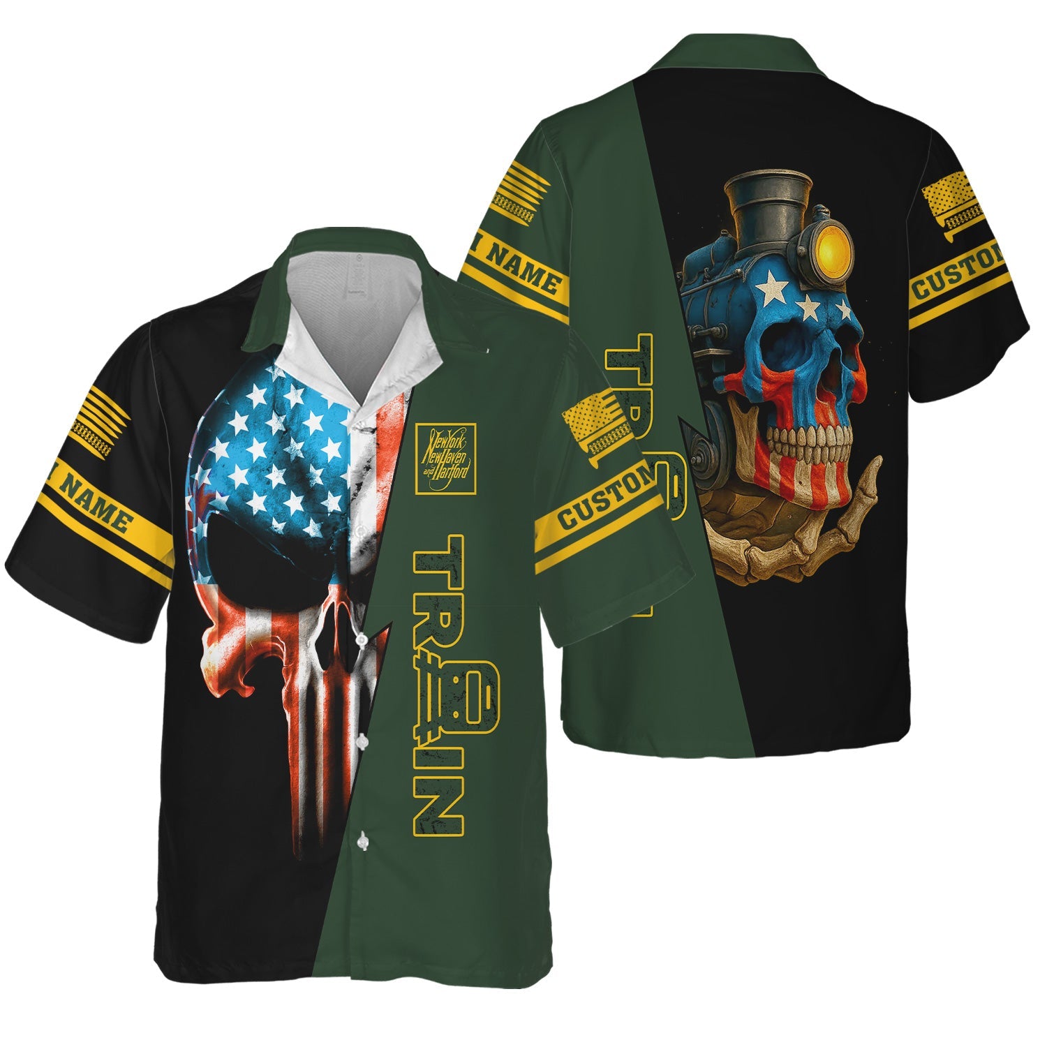 Railspirit Personalized New York, New Haven and Hartford Railroad Hawaiian Shirt Train Skull American Flag New Haven Railroad Shirt