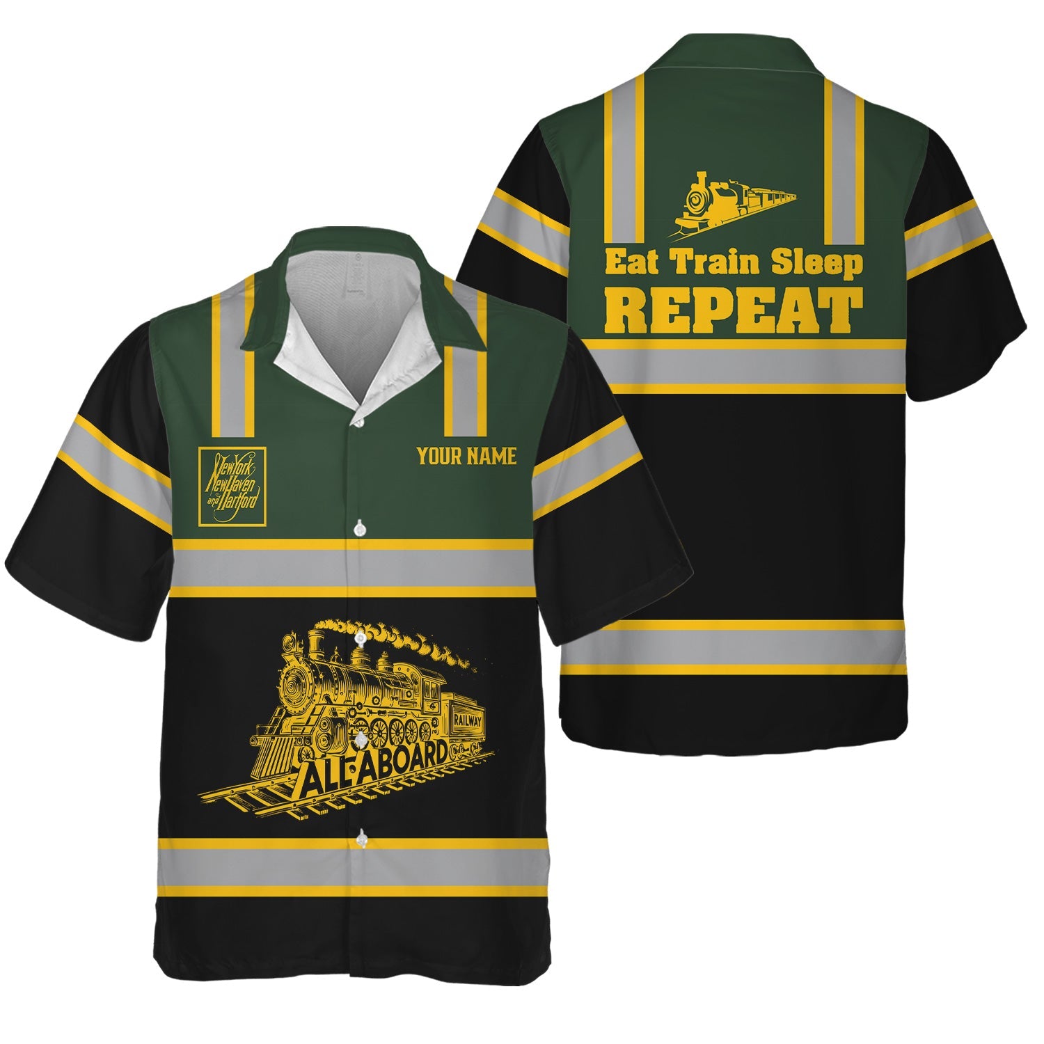 Railspirit Custom Name New York, New Haven and Hartford Railroad Hawaiian Shirt Eat Train Sleep Repeat New Haven Railroad Printed Train Shirt