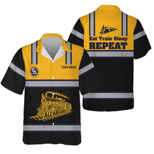 Railspirit Custom Name Chesapeake and Ohio Railway Hawaiian Shirt Eat Train Sleep Repeat C&O Printed Train Shirt