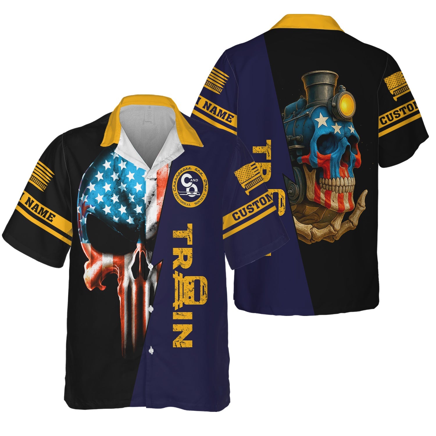 Railspirit Personalized Chesapeake and Ohio Railway Hawaiian Shirt Train Skull American Flag C&O Shirt All Over Print