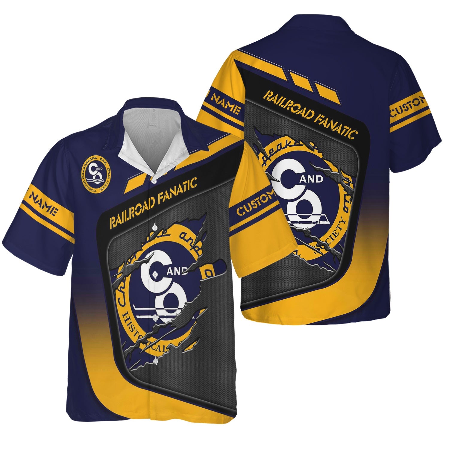 Railspirit Personalized Chesapeake and Ohio Railway Hawaiian Shirt Ripped Texture Style C&O Train Shirt For Railroad Fanatic