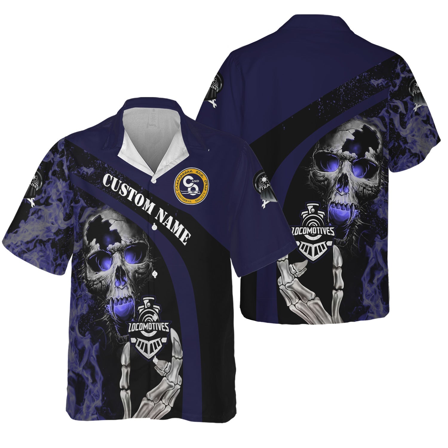 Railspirit Personalized Chesapeake and Ohio Railway Hawaiian Shirt Flame Skull Design C&O Train Shirt for Locomotive Fans