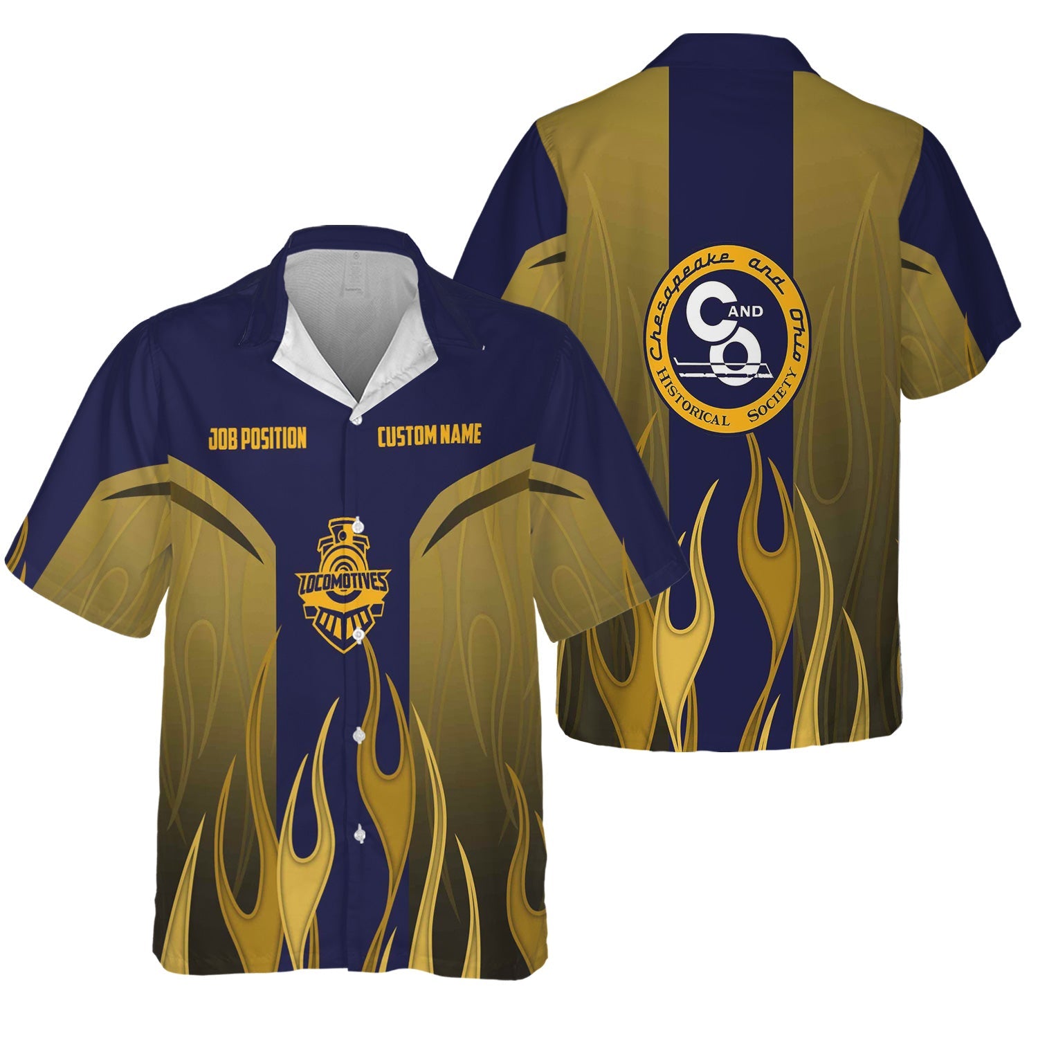 Railspirit Custom Name and Job Title Chesapeake and Ohio Railway Hawaiian Shirt Flame Graphic C&O Train Shirt For Rail Workers