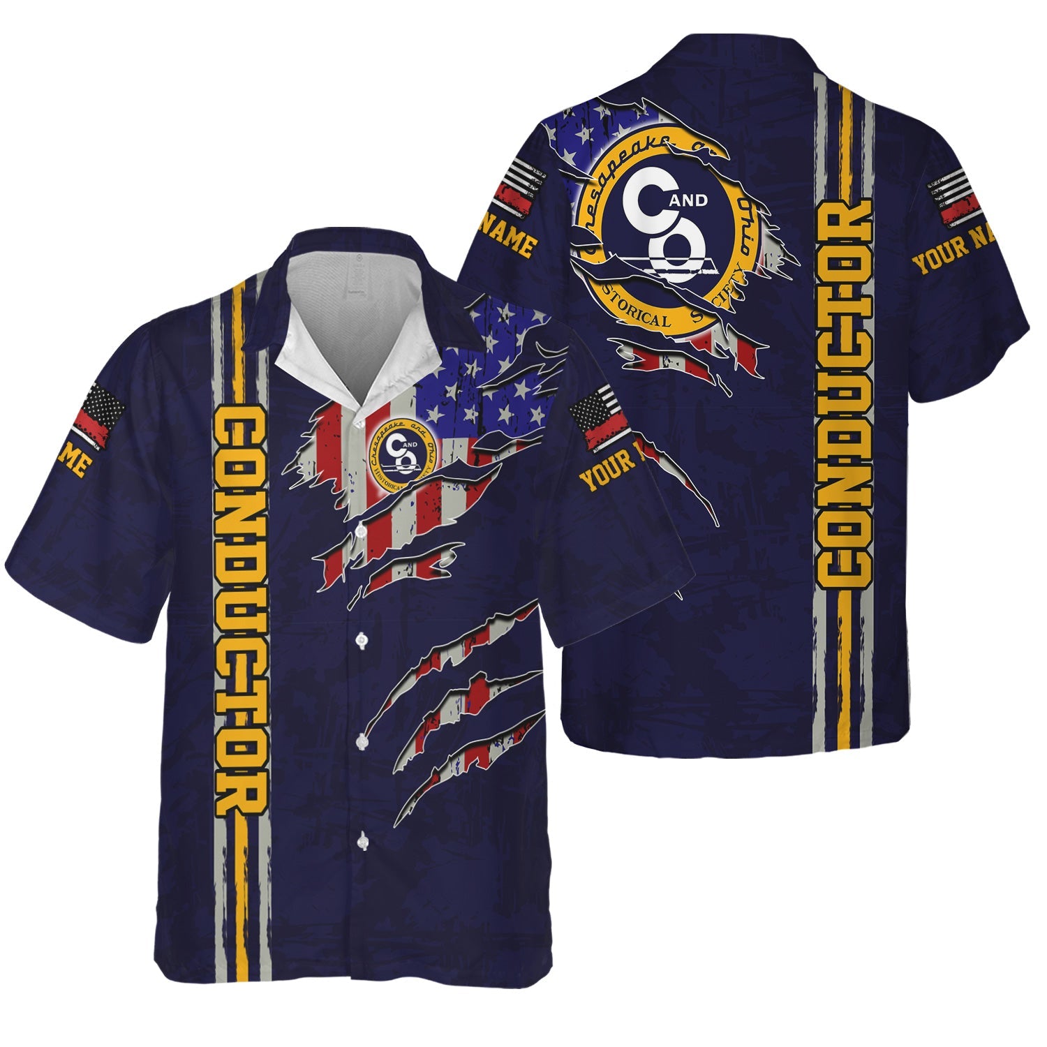 Railspirit Personalized Chesapeake and Ohio Railway Hawaiian Shirt USA Flag Claw Art with Custom Job C&O Train Shirt