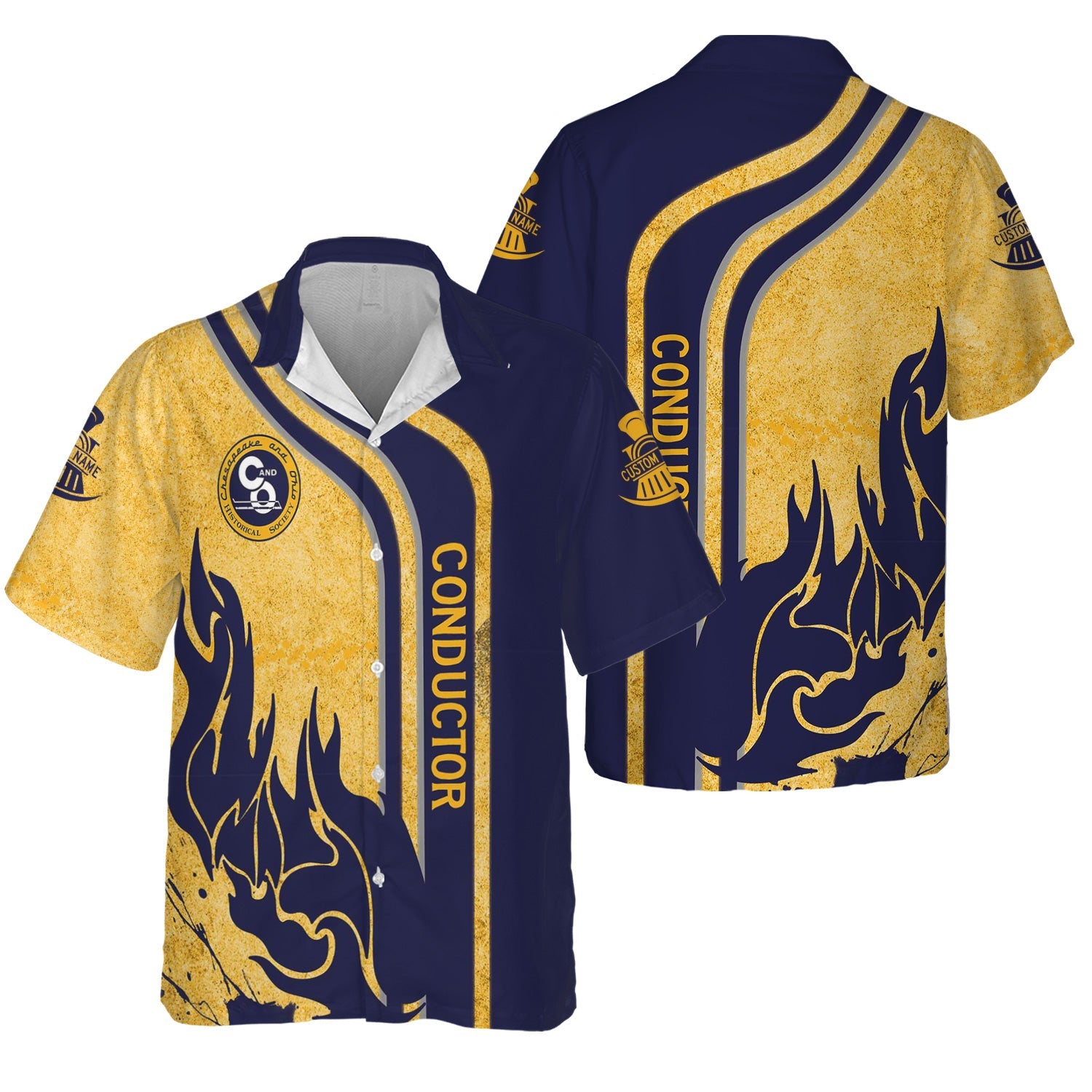 Railspirit Personalized Chesapeake and Ohio Railway Hawaiian Shirt Flame Design with Custom Job Position C&O Train Shirt