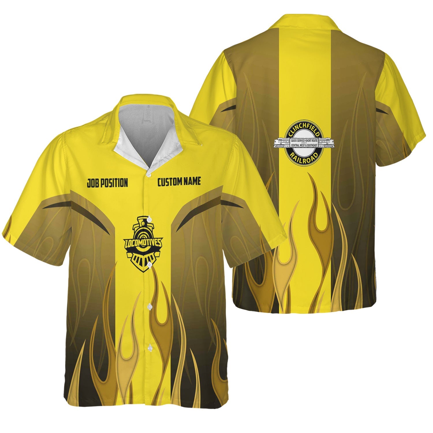 Railspirit Custom Name and Job Title Clinchfield Railroad Hawaiian Shirt Flame Graphic Train Shirt For Rail Workers